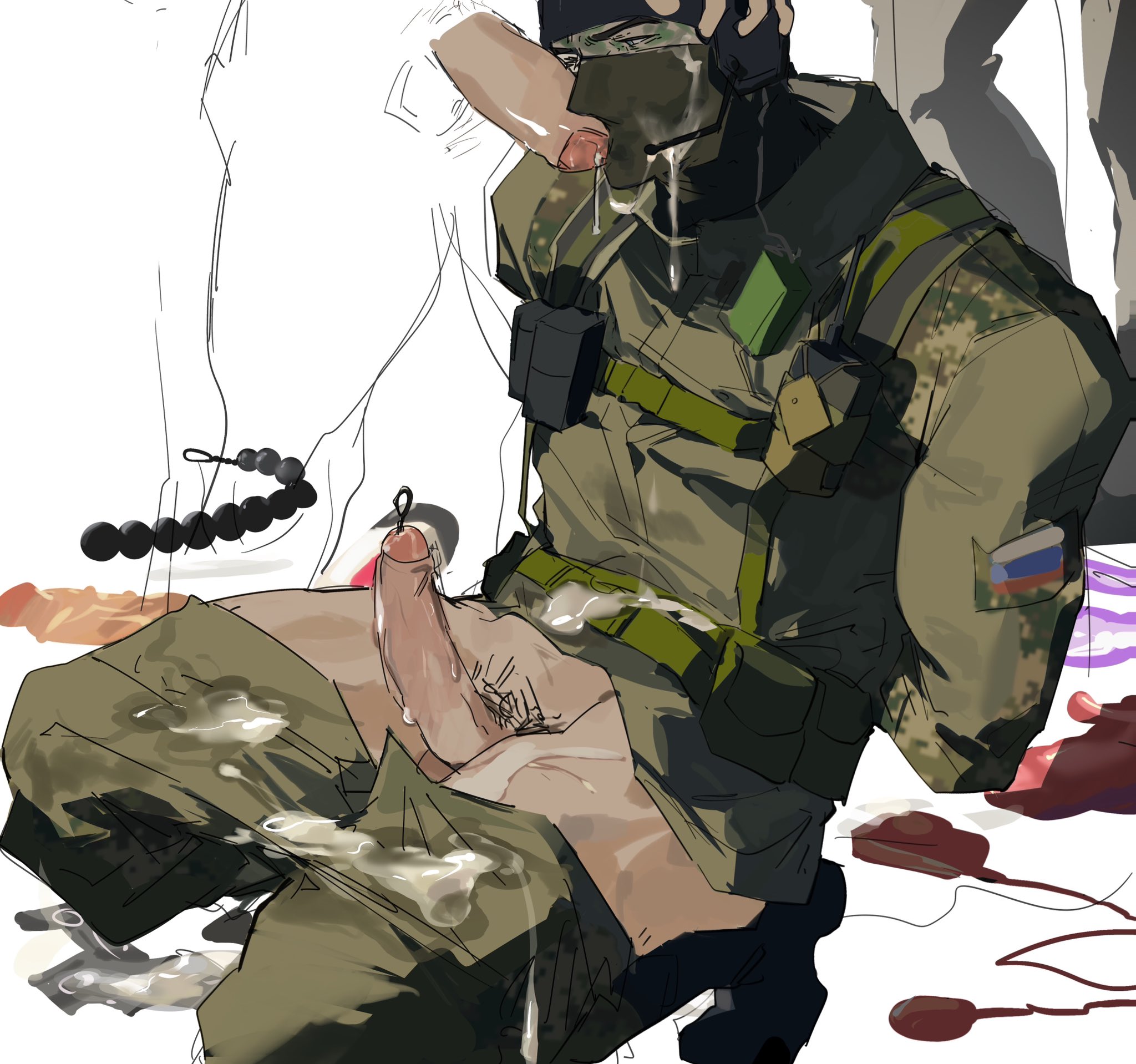 3boys, after fellatio, anal beads, bara, bound wrists, bukkake, captured, cum, cum everywhere, cum on body, cum on clothes, cum on face, degradation, facial, forced submission, gay, glaz (rainbow six), grey5c, hands behind back, kneeling, male, masked, masked male, rainbow six siege, russian, sex toy, sounding, sounding rod, uniform, urethral insertion, vibrator, yaoi