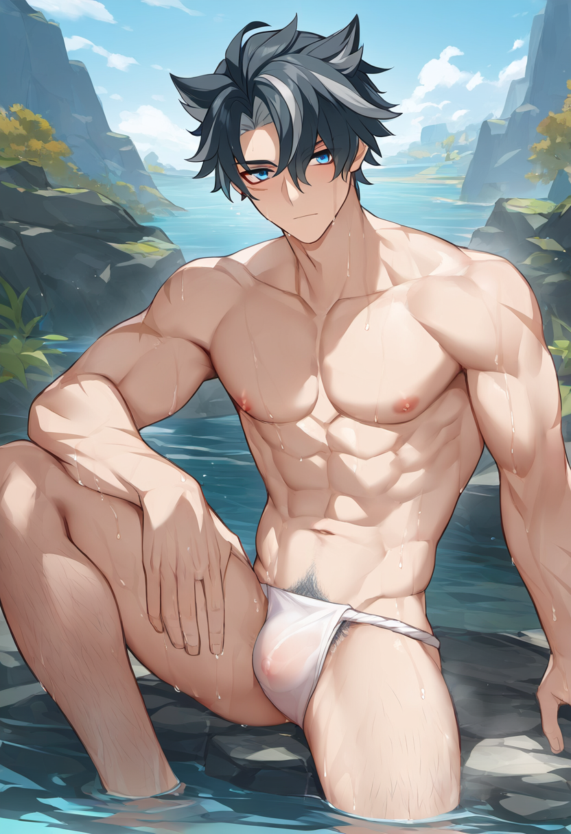 1boy abs ai_generated ai_golden_map arm_behind_head armpit_hair armpits arms_behind_head arms_up balls bara bare_shoulders biceps big_balls big_bulge big_muscles big_penis black_hair blue_eyes bracelet bracelets completely_nude fluffy_hair fundoshi gay gay_male genshin_impact grey_hair hairy_armpits highlights_(coloring) large_breasts large_pectorals male male_focus male_nipples male_only male_pubic_hair muscle muscular muscular_male muscular_thighs nude pecs pectorals penis pubic_hair shirt solo solo_male spread_legs sweat t-shirt testicles triceps uncensored water wet wriothesley_(genshin_impact) yaoi