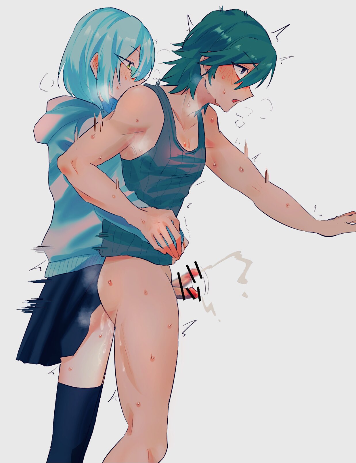 2boys anal_sex backshots behind_another blue_hair crossdressing gay glasses green_hair handjob inumuta_houka kill_la_kill muscular_male sanageyama_uzu small_penis sweat yaoi