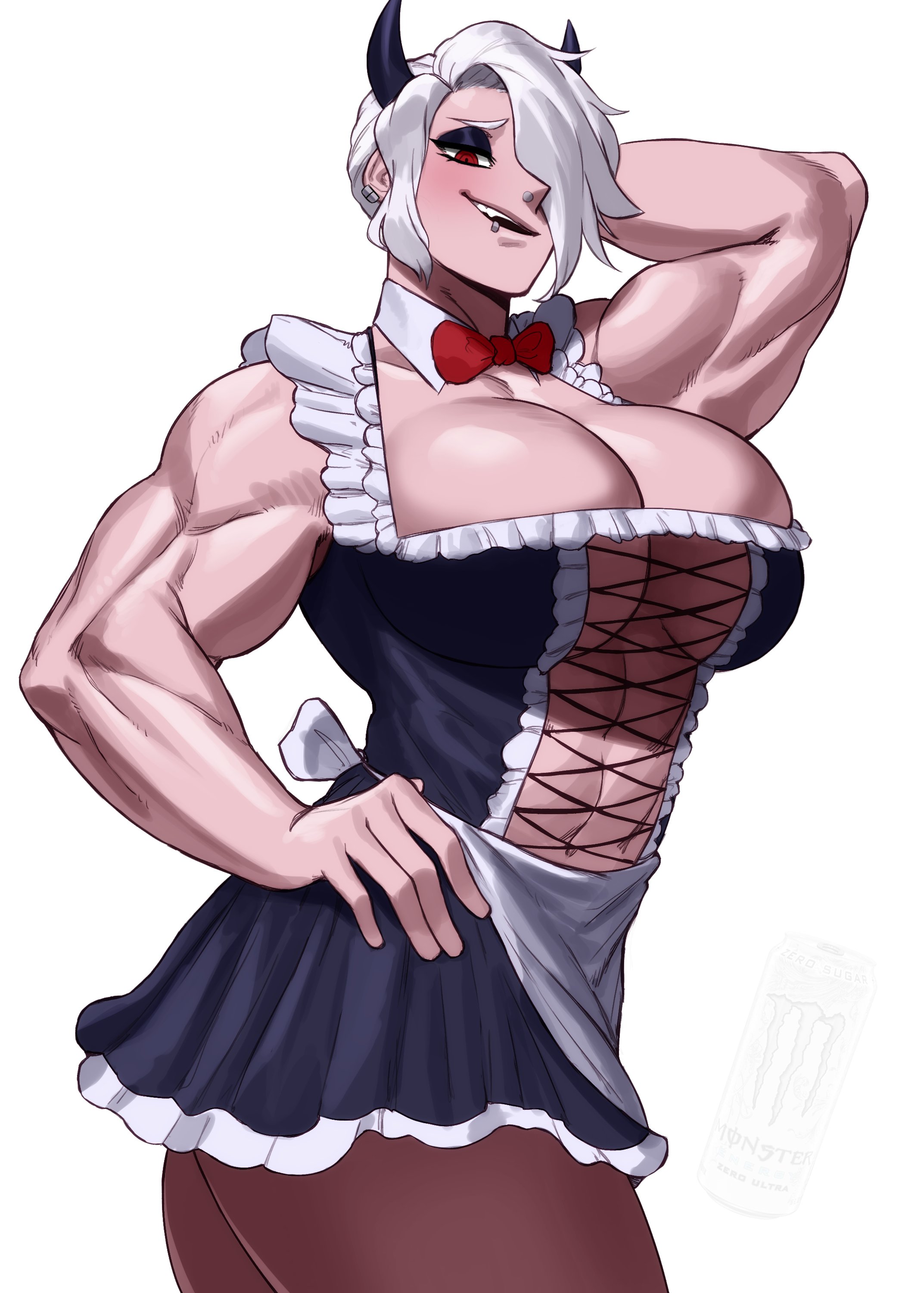 1girls, big breasts, black eyeshadow, breasts, demon, demon girl, demon horns, detached collar, earrings, female, female only, hair over one eye, hand behind head, hand on hip, helltaker, horns, lip ring, looking at viewer, maid outfit, muscles, muscular, muscular female, narrowed eyes, neck ribbon, nose piercing, red eyes, short hair, side view, smiling, smiling at viewer, solo, sotcho, very high resolution, white background, white hair, zdrada (helltaker)