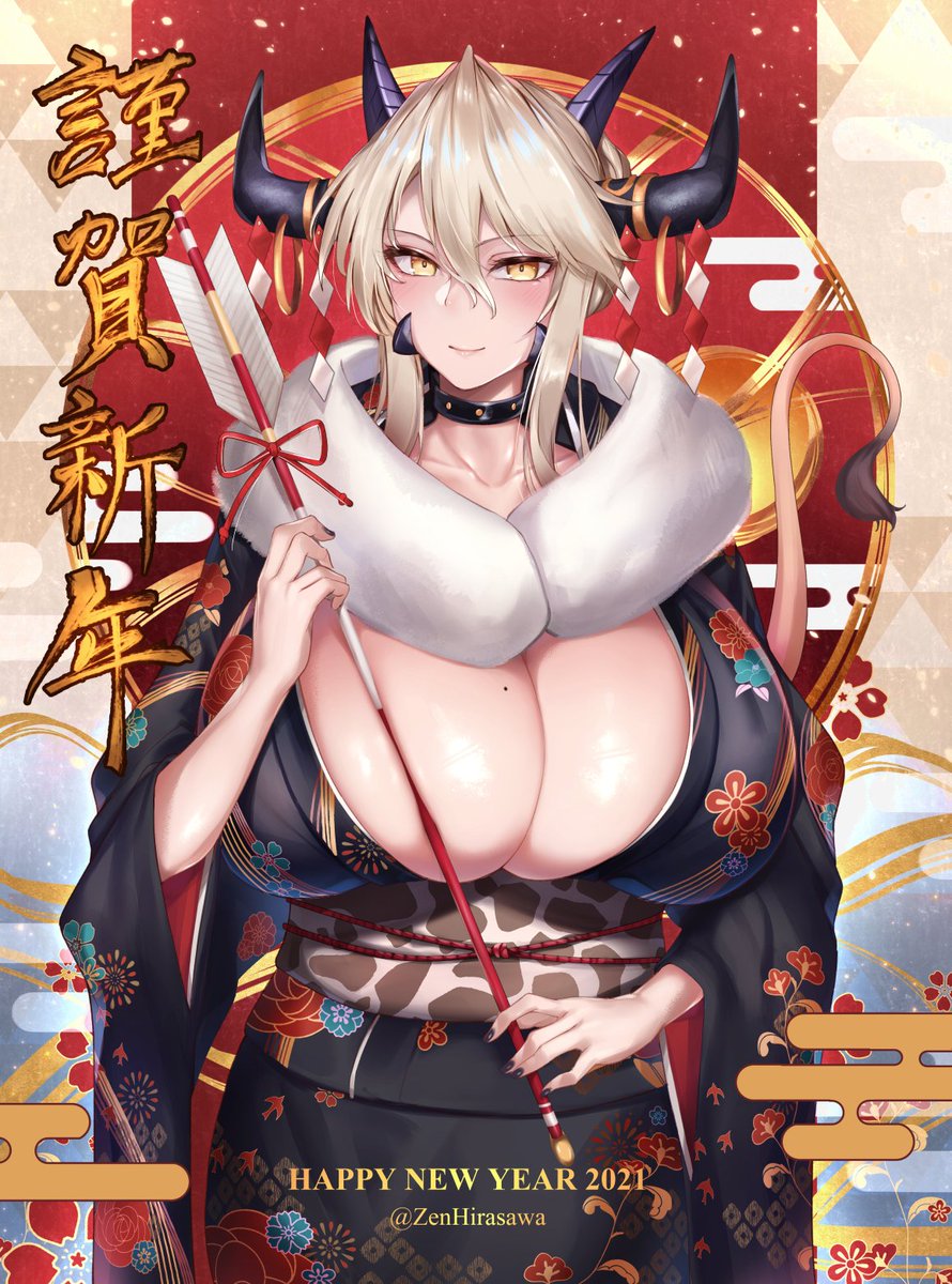 1girls, 2021, arrow, artoria pendragon, artoria pendragon (lancer alter), big breasts, blonde hair, blush, breasts, clothed, collar, cow horns, cow tail, fate (series), fate/grand order, female, female only, hirasawa seiji, huge breasts, kimono, looking at viewer, new year, smile, solo, yellow eyes