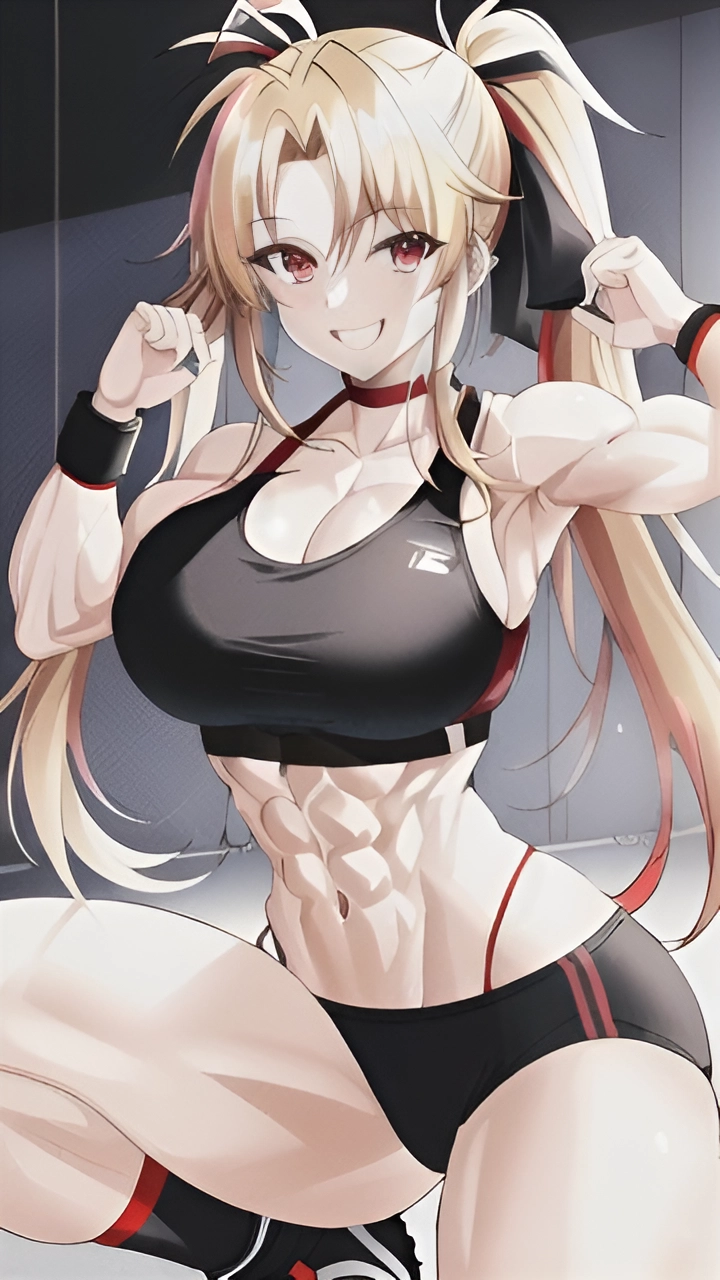 abs ai_generated artist_request blonde_hair fate_testarossa female female_only gym_clothes lyrical_nanoha midriff muscular_female navel red_eyes sports_bra