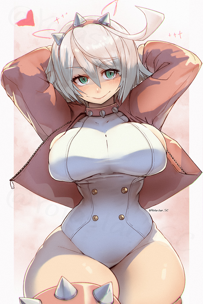 1female, 1girl, 1girls, arc system works, arms behind head, big breasts, big thighs, blue eyes, blush, breasts, child bearing hips, clothed, clothed breasts, curvy, cute, cute face, cute female, cute girl, elphelt valentine, female, guilty gear, guilty gear strive, headband, hourglass figure, huge breasts, huge hips, huge thighs, jacket, leotard, short hair, sideboob, slim waist, smile, smiling, smiling at viewer, smiling female, solo, solo female, solo focus, spiked choker, spiked collar, thigh highs, thighhighs, thighs, thighs bigger than head, white hair, yotastar