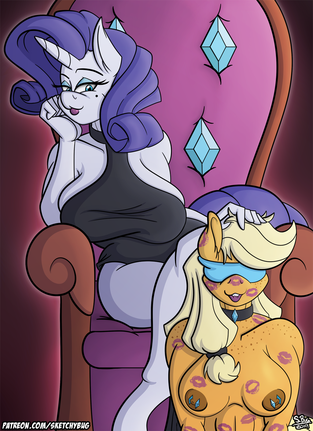 anthro applejack_(mlp) big_breasts blindfold bondage breasts crossed_legs domination equid female female/female friendship_is_magic hasbro hi_res horn kiss_mark mammal my_little_pony nipple_piercing nipples piercing rarity_(mlp) sketchybug submissive submissive_female unicorn