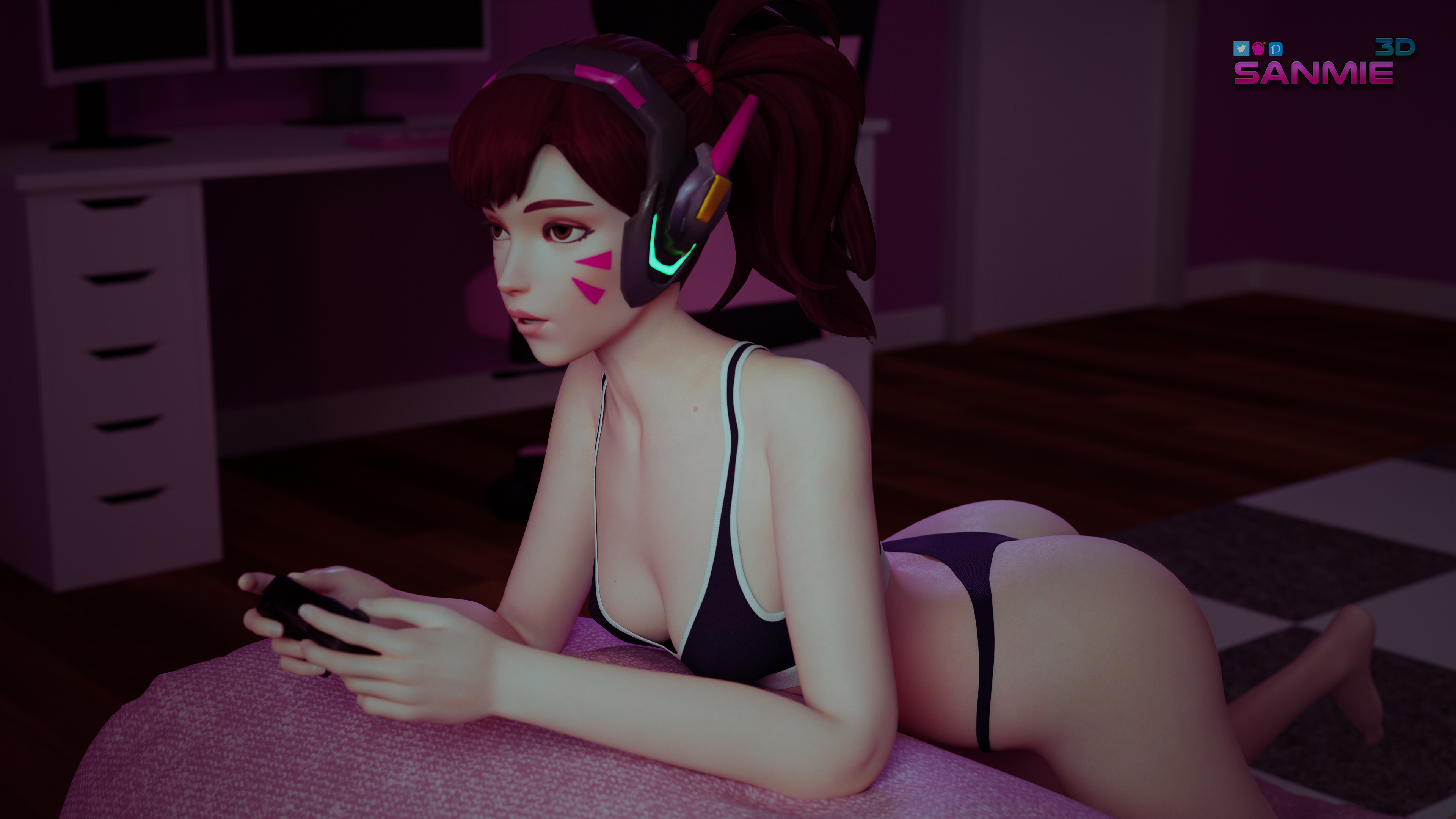 1girls, 3d, ass, blender, bra, cameltoe, clothed, d.va, female, female only, gaming, overwatch, pussy, sanmie3d, solo, tagme, thong, underwear