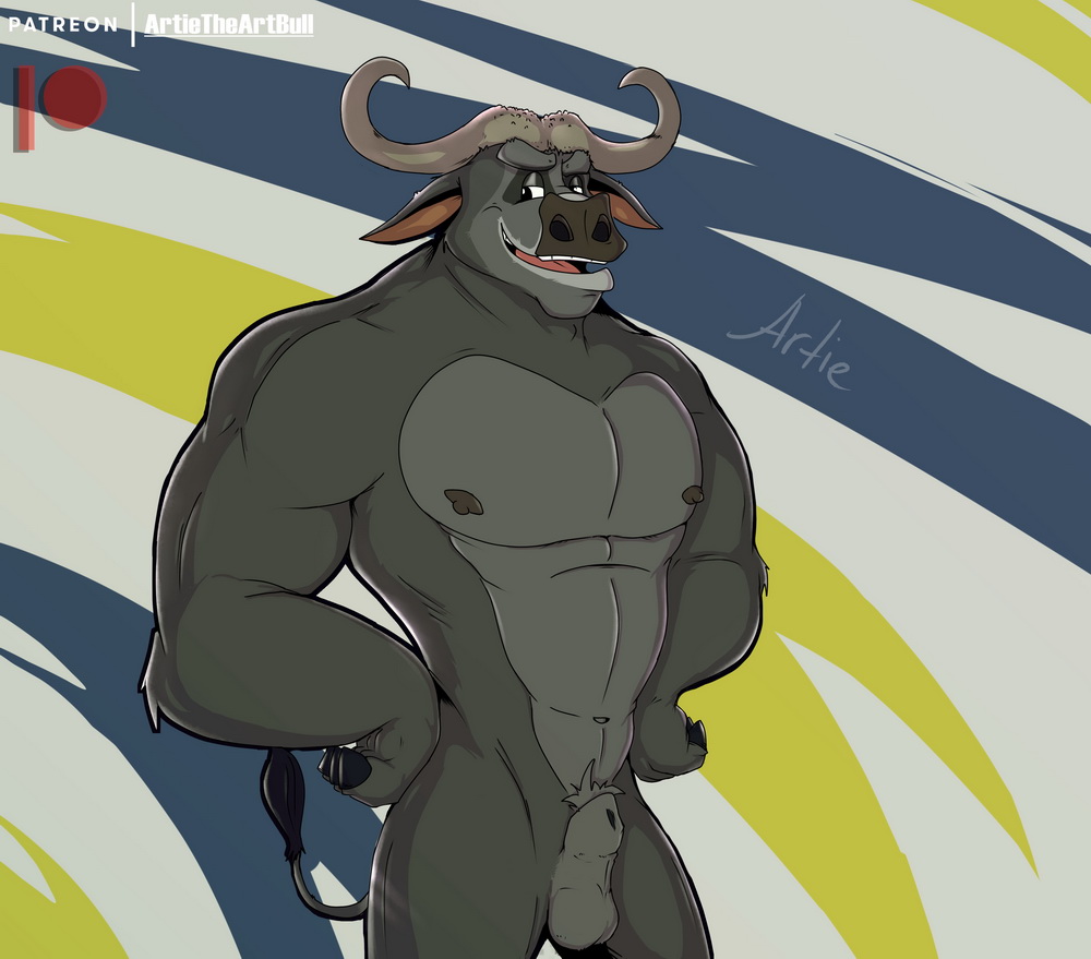 abs animal_genitalia anthro artietheartbull ass balls biceps bovid bovine cape_buffalo cattle chief_bogo digital_media_(artwork) disney fur genitals hair horn looking_at_viewer male male_only mammal muscular muscular_anthro muscular_male nipples nude open_mouth pecs sheath solo tail zootopia