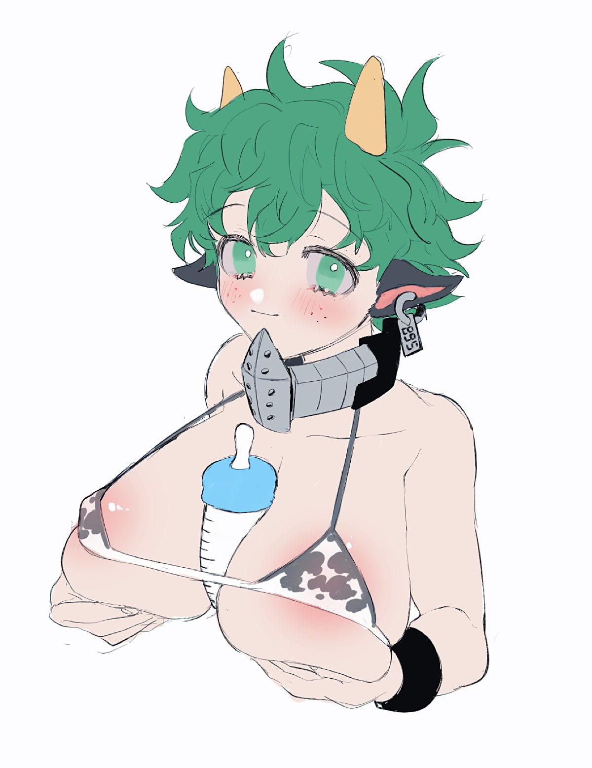 2021, blush, bra, breasts, cow ears, cow girl, cow horns, cow print, curvaceous, female, freckles, genderswap, genderswap (mtf), goodbye glory, green hair, holding breast, huge breasts, izuku midoriya, messy hair, milk bottle, my hero academia, object between breasts, pink areola, rule 63, very short hair, white background, white skin