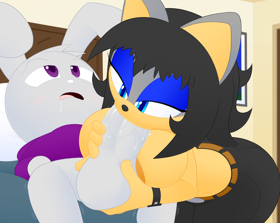 1boy 1girls anthro anthro_on_anthro black_hair blowjob blue_eyes breasts bunny_boy fellatio furry large_breasts large_penis makia_(slickehedge) nate_(mindnomad) original original_character paizuri penis purple_eyes short_hair slickehedge sonic_(series) titjob topless