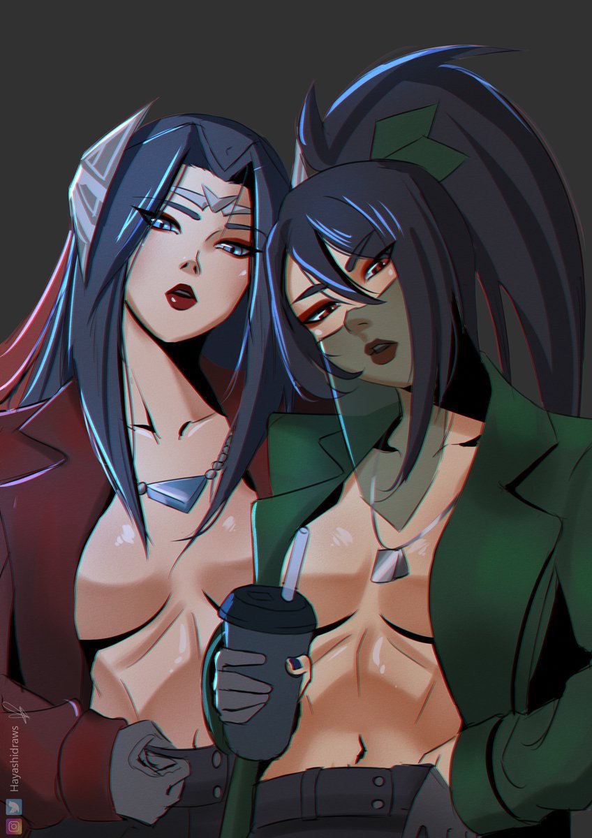 2girls akali akali_jhomen_tethi artist_signature asian asian_female athletic athletic_female bangs belly belly_button black_hair blazer blue_eyes breasts brown_eyes collar collarbone dog_tags eyebrows_visible_through_hair eyeliner female gloves hayashidraws holding_drink holding_object inner_sideboob irelia_xan league_of_legends lips lipstick looking_at_viewer masked medium_breasts midriff no_shirt pawg ponytail red_eyeliner red_lips red_lipstick riot_games straight_hair tattoo tencent thick_lips tiara