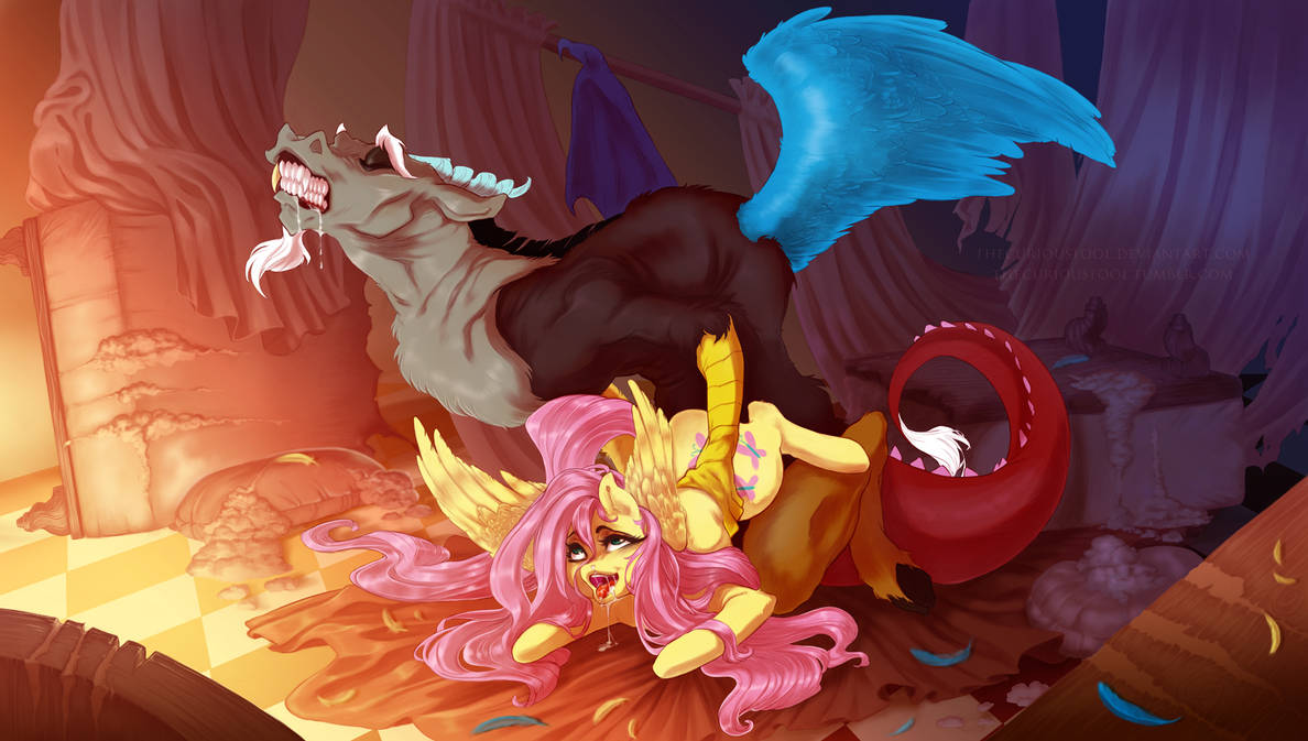 ambiguous_penetration anthro bodily_fluids chimera closed_eyes destruction destructive_sex discord_(mlp) draconequus duo equid equine female feral fluttershy_(mlp) friendship_is_magic from_behind_position hasbro holding_(disambiguation) holding_another horse inside looking_pleasured male male/female mammal my_little_pony orgasm orgasm_face penetration pony saliva scratch_mark sex thecuriousfool tongue tongue_out