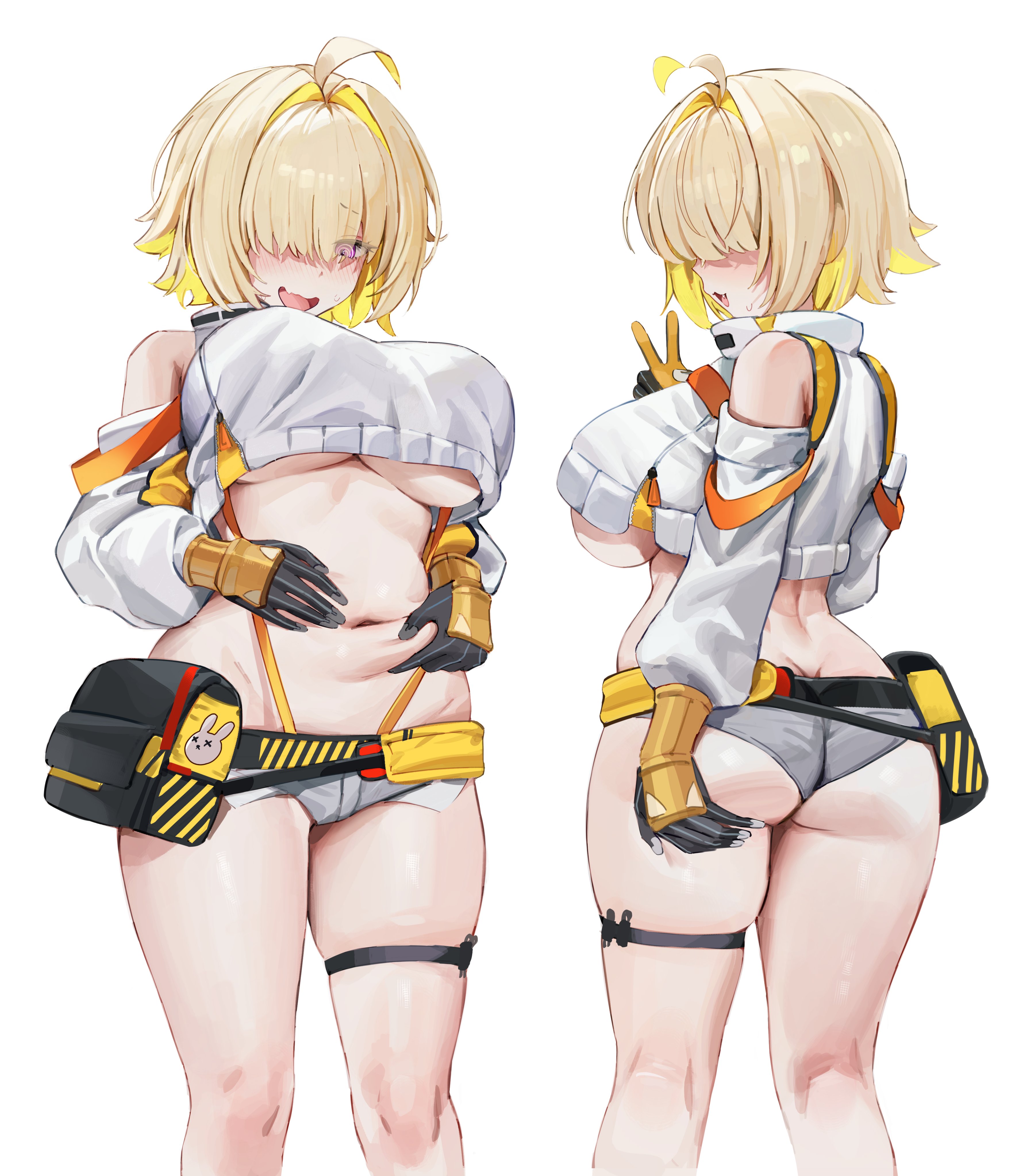 1girls, ahoge, ass, ass cleavage, ass crack, bare shoulders, belly, belly button, blonde hair, blush, booty shorts, breasts, butt crack, cute fang, elegg (nikke), female, fully clothed, gloves, goddess of victory: nikke, hair over eyes, hotpants, midriff, open mouth, peace sign, plump, purple eyes, short shorts, shorts, suspenders, thigh strap, thighs, two-tone hair, underboob, v, v sign, white background