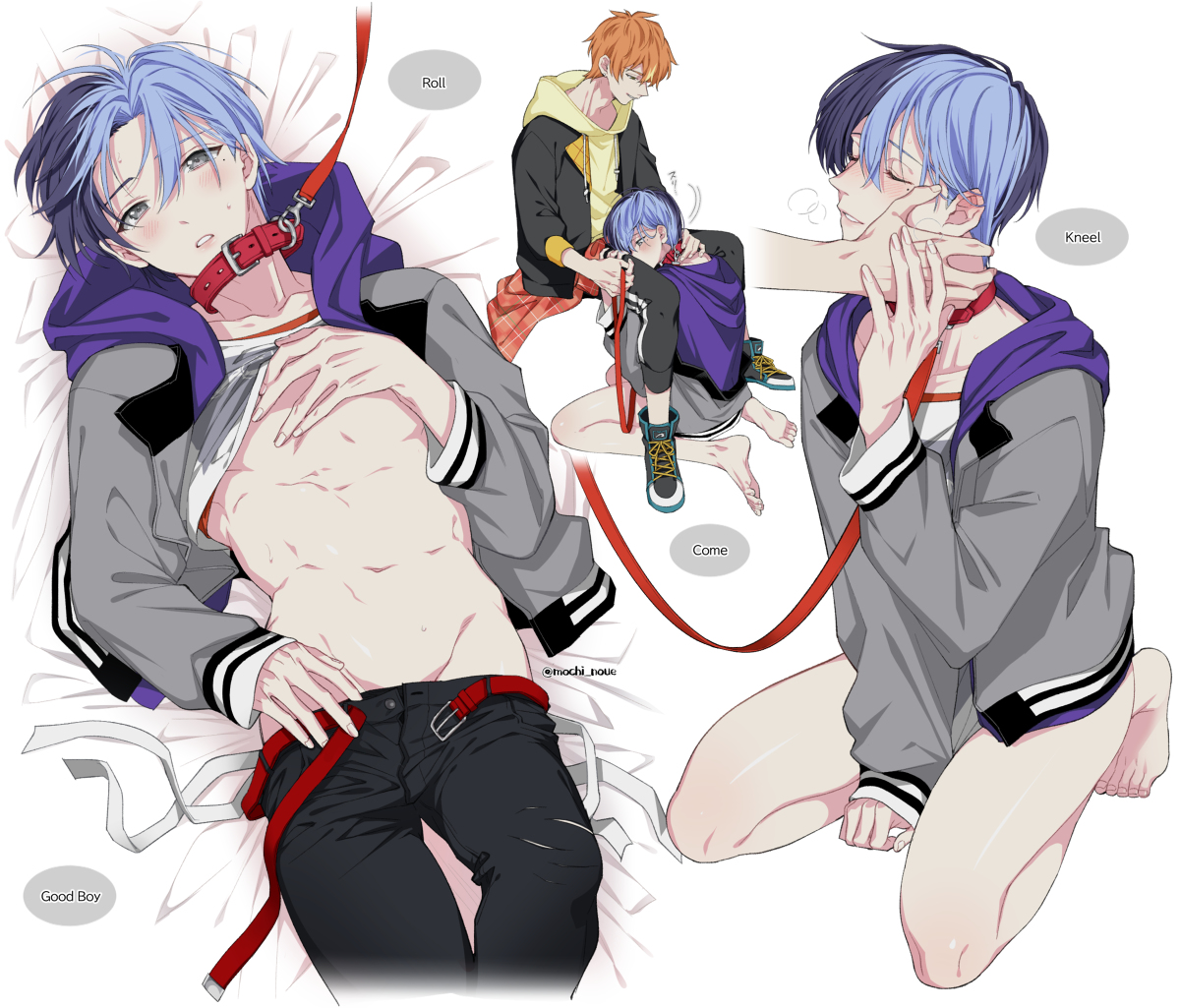 2boys, aoyagi touya, collar, english text, gay, leash, male, male only, male/male, mochi noue, project sekai, shinonome akito, yaoi