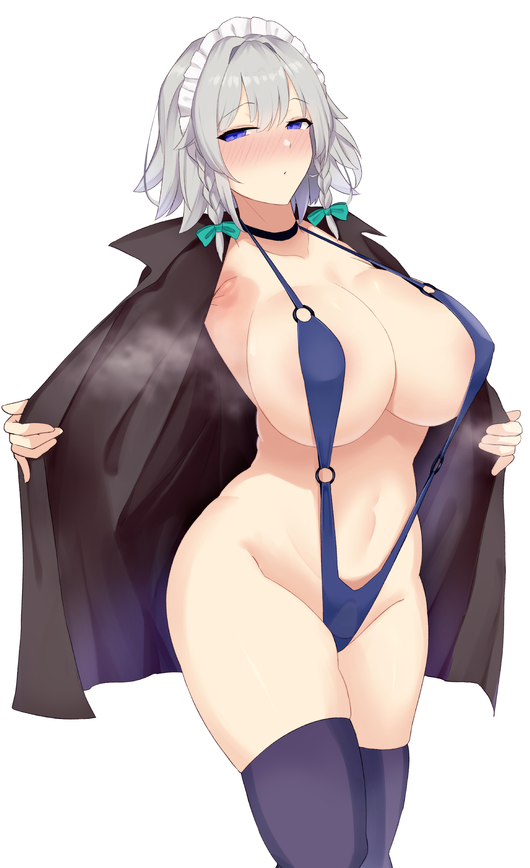 1girls, 2024, absurdres, armpits, blue eyes, blue one-piece swimsuit, blue thighhighs, blush, braid, breasts, choker, covered erect nipples, female, hair ribbon, highres, huge breasts, jacket, looking at viewer, maid headdress, navel, o-ring, o-ring swimsuit, one-piece swimsuit, open clothes, open jacket, ribbon, sakuya izayoi, short hair, silver hair, simple background, sinkai, slingshot swimsuit, solo, swimsuit, tagme, thigh highs, touhou, twin braids, white background