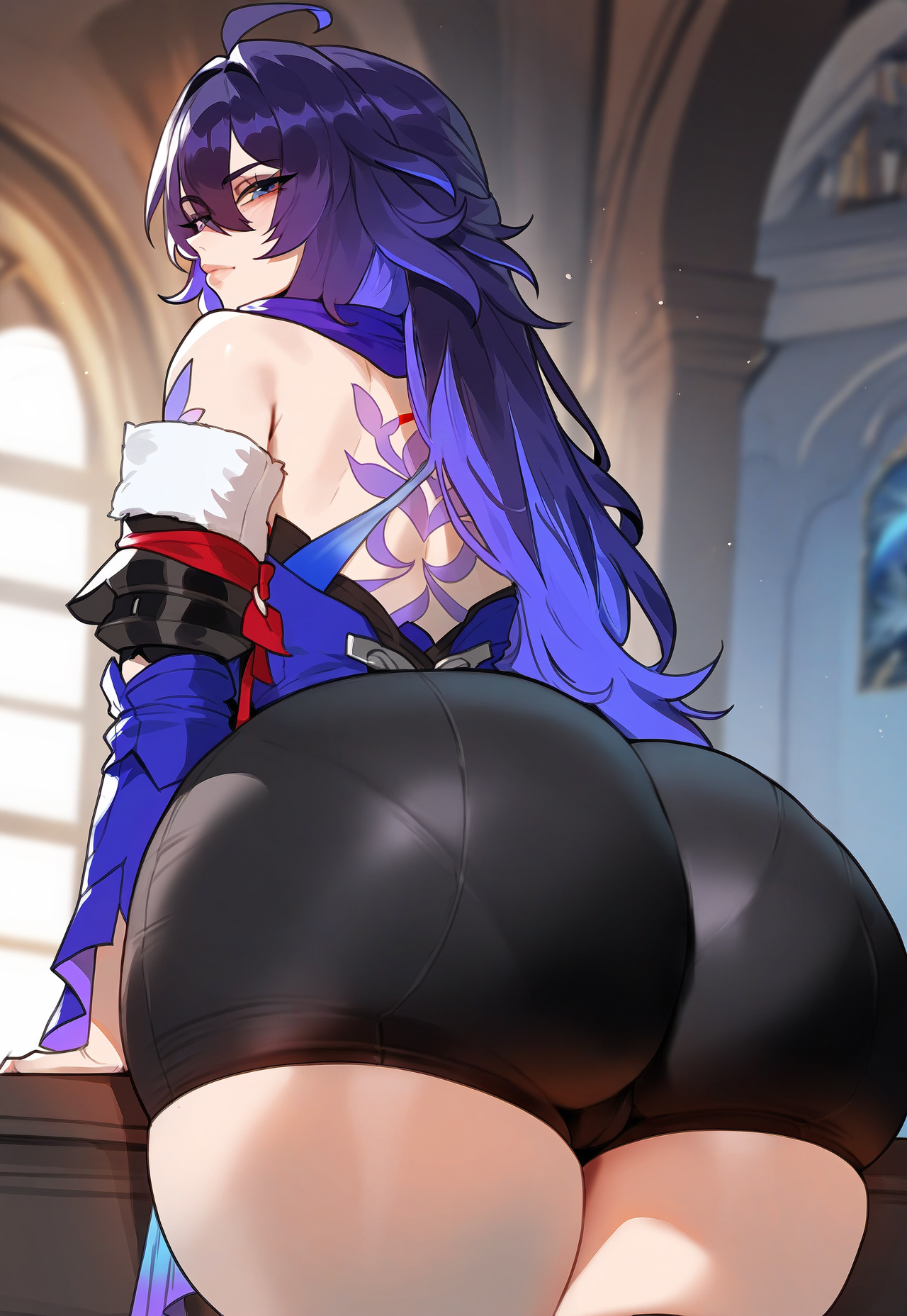 1girls, ahoge, ai generated, ass, big ass, blue eyes, blue hair, bubble ass, bubble butt, female, female only, floox, honkai: star rail, huge ass, long hair, long sleeves, nipples, rear view, seele (honkai: star rail), shirt lift, solo, solo female, tagme, thick thighs, thighs, thunder thighs, tight shorts, wide hips