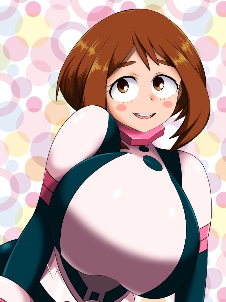 1girls, big breasts, blush, bodysuit, breasts, brown eyes, brown hair, clothed, clothed female, eyelashes, female, female human, female only, hero outfit (mha), huge breasts, human, light skin, light-skinned female, my hero academia, norio (pheromosa times), ochako uraraka, ochako uraraka (hero outfit), open mouth, short hair, shounen jump, smile, solo, solo female, superhero costume, superheroine, tight clothing, upper body, uraraka ochako