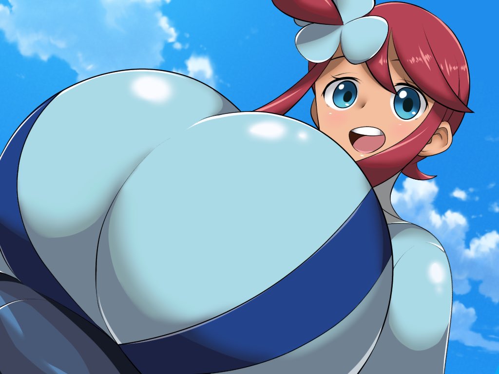 1girls, alternate breast size, blue eyes, blush, breasts, breasts bigger than head, clothed, clothed female, female, female only, gym leader, hair ornament, hyper, hyper breasts, looking at viewer, nintendo, norio (pheromosa times), open mouth, outdoors, pokemon, pokemon bw, red hair, short hair, sky, skyla (pokemon), smile, solo, solo female, tagme, tight clothing, upper body