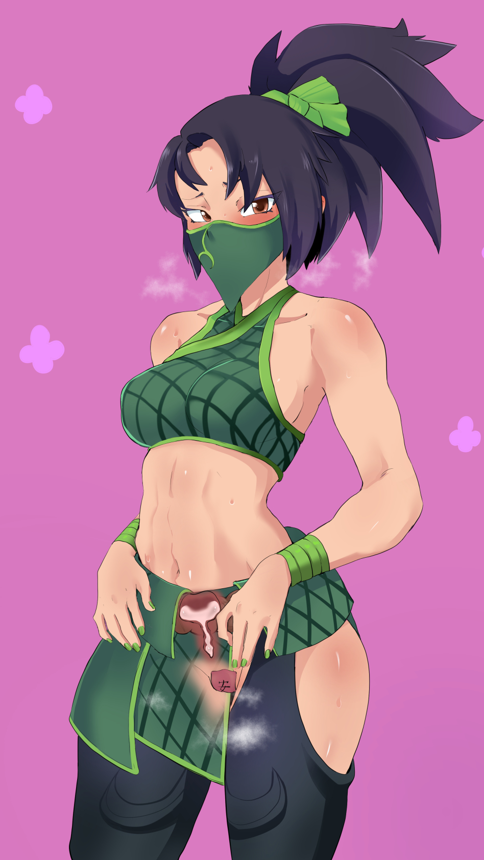 1girls, 2d, after sex, akali jhomen tethi, alternate version available, black hair, blush, breasts, breath, brown eyes, cafin, clothed sex, clothing, cum, cum in pussy, cum in uterus, cum inside, cum plugged, face mask, fallopian tubes, female, heavy breathing, league of legends, long hair, looking at viewer, mask, medium breasts, midriff, nail polish, ninja, ofuda, ovaries, ponytail, pussy, riot games, solo, sweat, talisman, uterus, x-ray