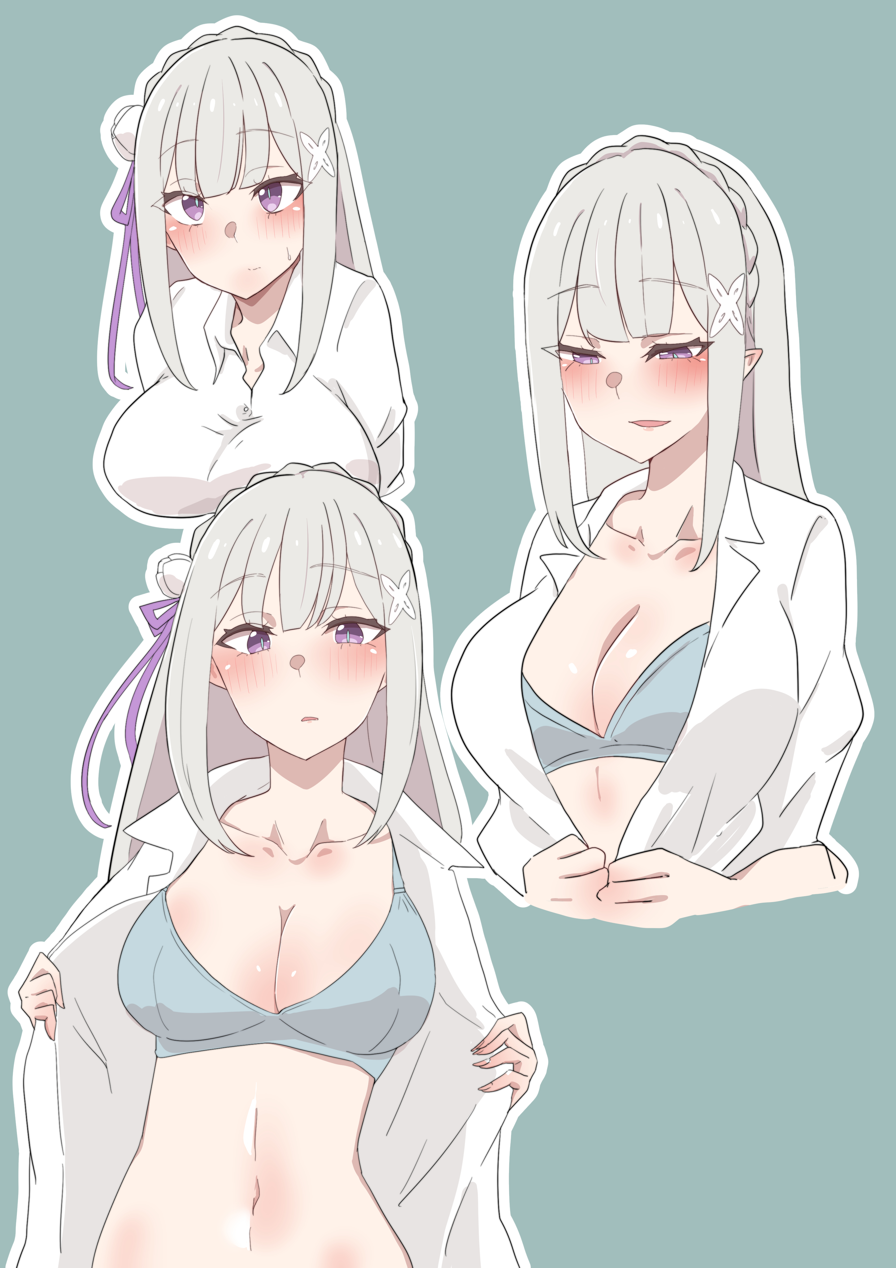 1girls, belly, bra, breasts, cleavage, elf, elf ears, elf female, elf girl, emilia (re:zero), female, half-dressed, kocho (artist), open shirt, purple eyes, re:zero kara hajimeru isekai seikatsu, silver hair, solo, solo focus, unbuttoned, unbuttoned shirt, underwear, undressing