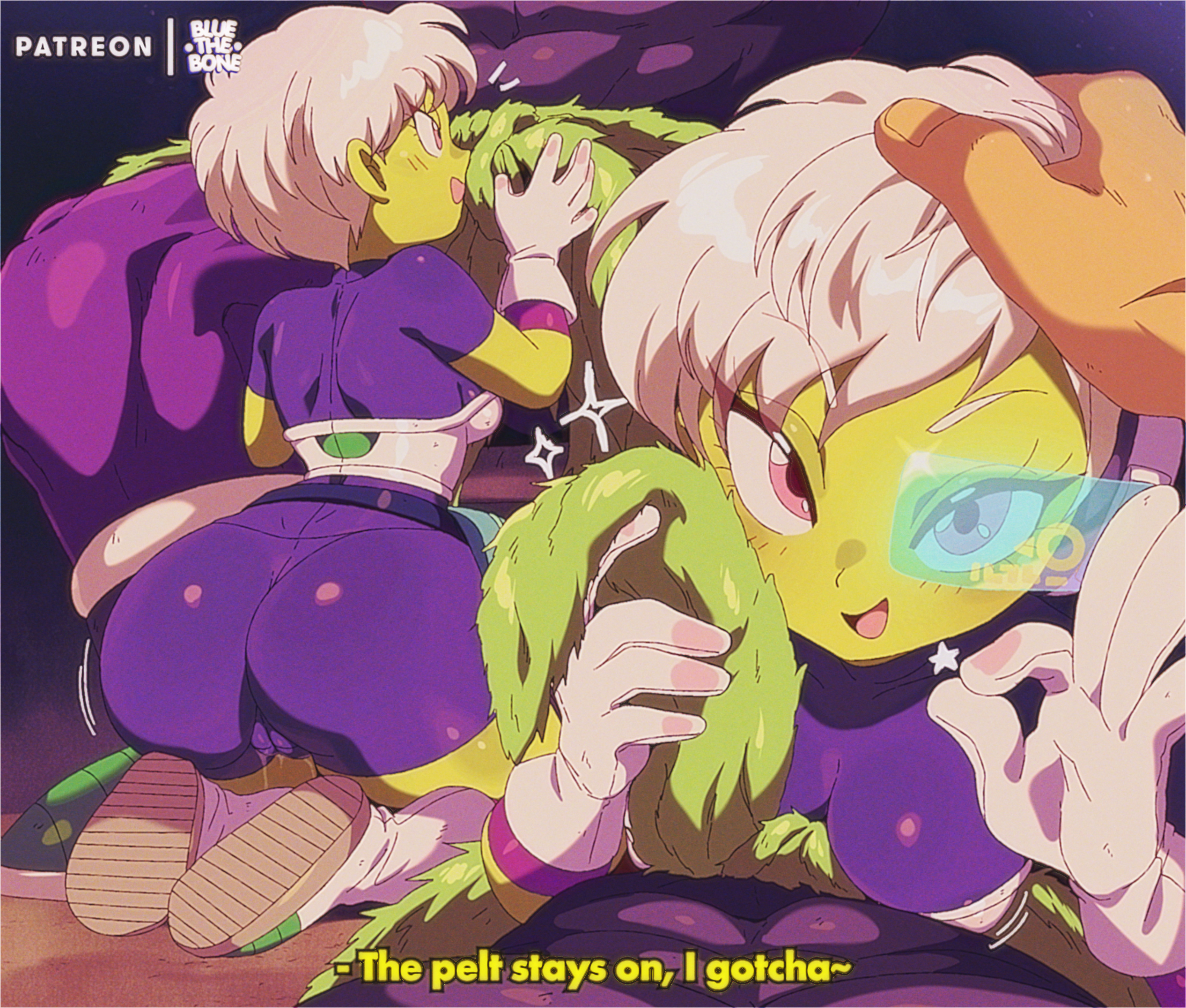 ass, bluethebone, broly, broly (dragon ball super), cheelai, cute face, dragon ball, dragon ball super, female, green-tinted eyewear, huge ass, looking at viewer, ok sign, scouter, smaller female, tagme, tinted eyewear