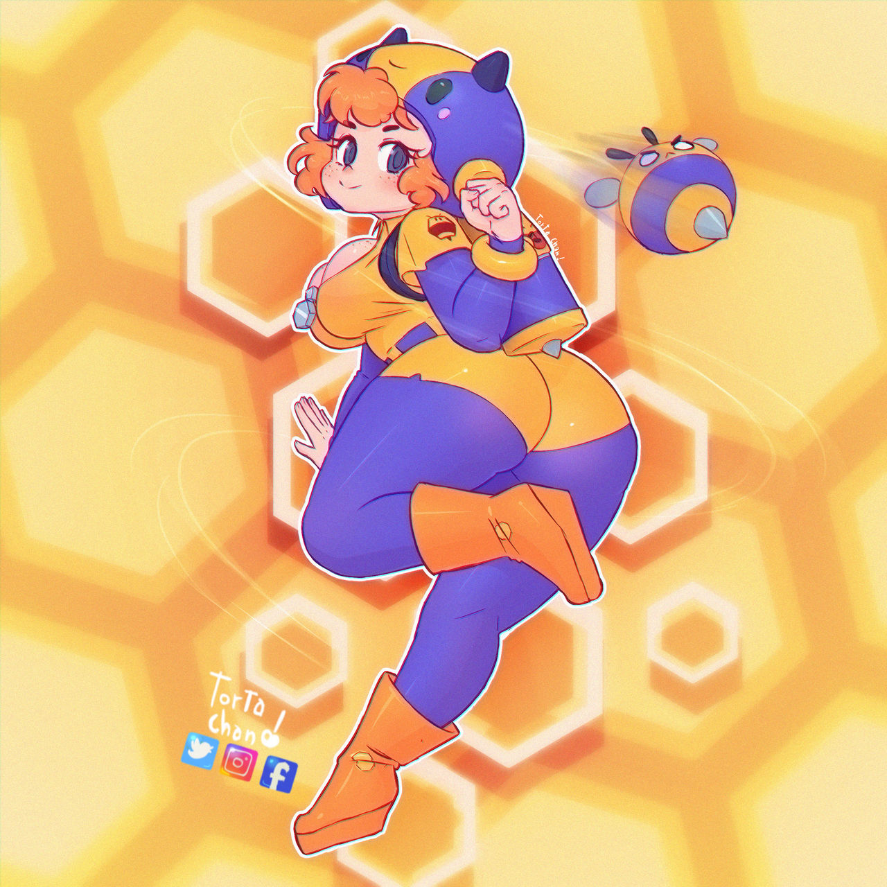 ass, bea (brawl stars), bodysuit, brawl stars, breasts, female, large breasts, looking back, orange hair, short hair, tortachan