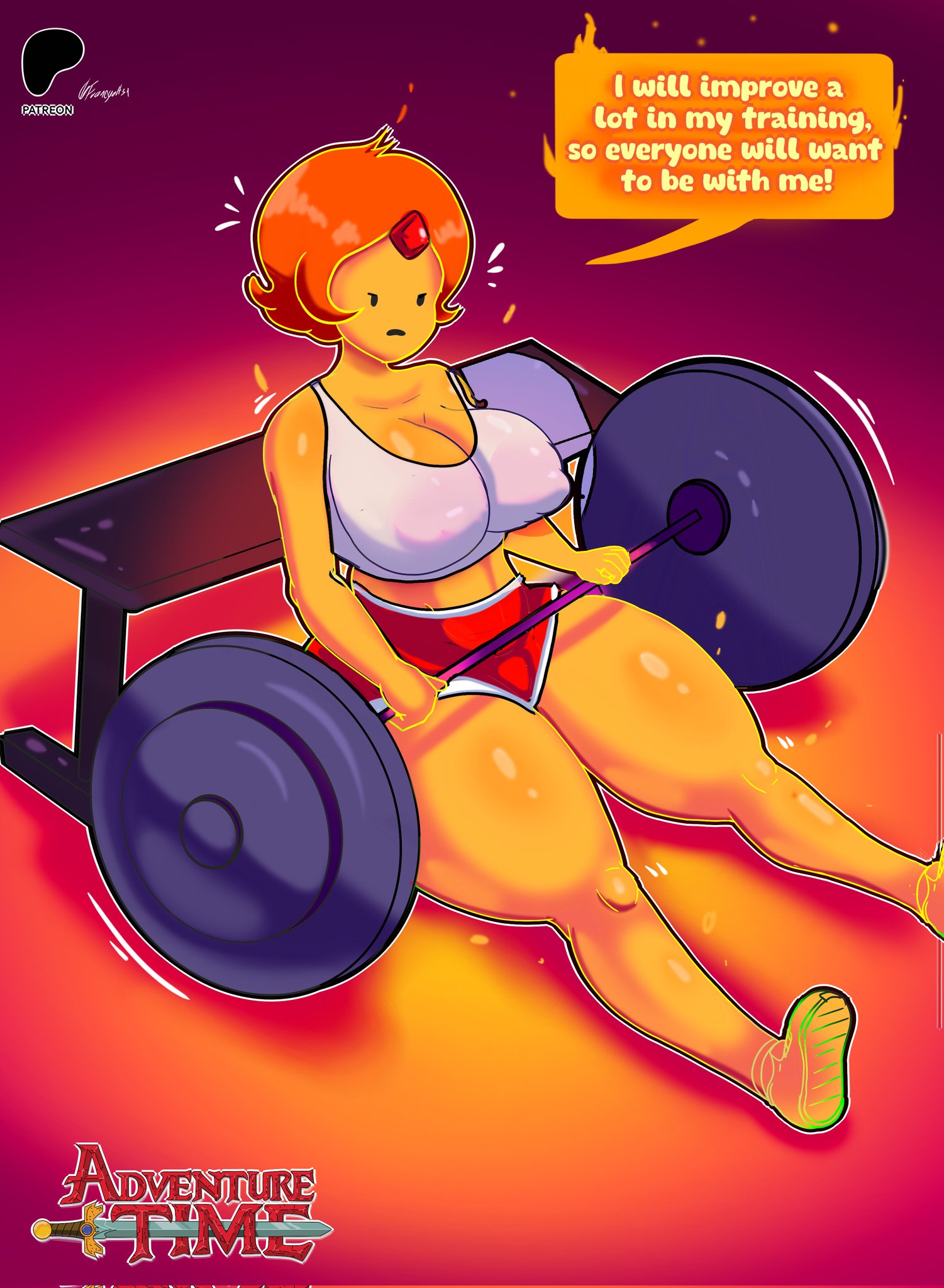 1girls, adventure time, ass visible through thighs, big penis, breasts, cleavage, clothed, female, female only, fire, flame hair, flame princess, francyart34, large breasts, male, nipple bulge, orange body, orange skin, penis, ponytail, red hair, shorts, solo, solo female, solo focus, text, text bubble, thick thighs, thighs, weightlifting, weights, wide hips, workout clothes