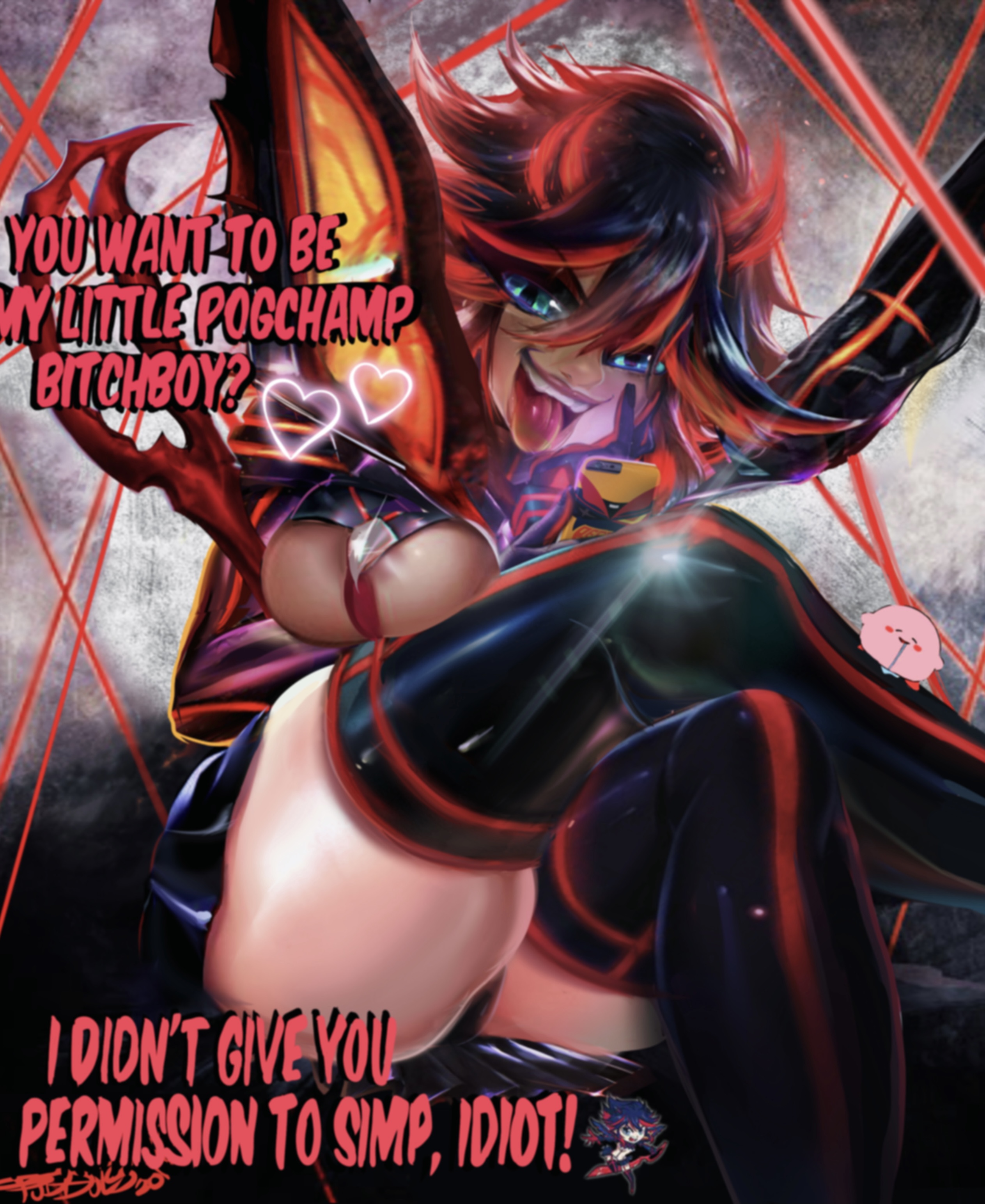 1girls, ahe gao, areola slip, ass, breasts, busty, cleavage, female, funny, humor, kill la kill, kirby, kirby (series), latex, matoi ryuuko, meme, my little pogchamp (meme), senketsu, simp, suspenders, thighs, tongue, tongue out, tudduls, voluptuous
