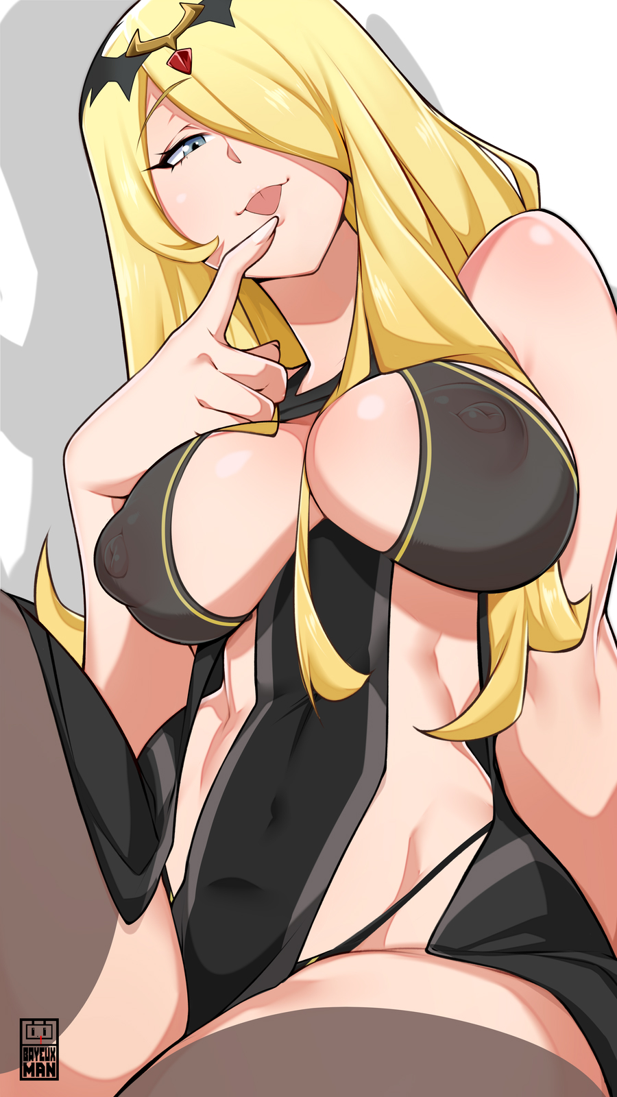 1girls bare_arms bare_shoulders bayeuxman big_breasts blonde_hair blue_eyes clothed clothing color cynthia_(pokemon) female female_focus female_only game_freak hi_res large_breasts light-skinned_female light_skin lingerie long_hair looking_at_viewer nintendo nipples_visible_through_clothing no_penetration no_penis no_sex no_visible_genitalia pokemon pokemon_champion pokemon_dppt pokemon_trainer solo solo_female tagme thick_thighs tongue tongue_out