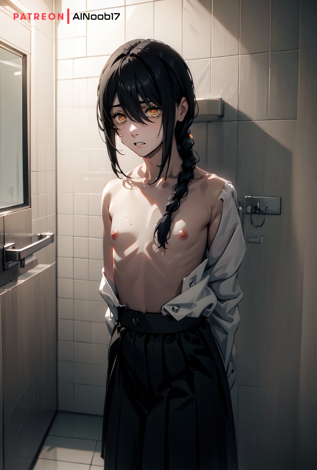 ai generated, ainoob17, bathroom, braid, breasts, chainsaw man, clenched teeth, female, looking at viewer, nayuta (chainsaw man), partially clothed, small breasts, solo, stable diffusion, tagme, undressing