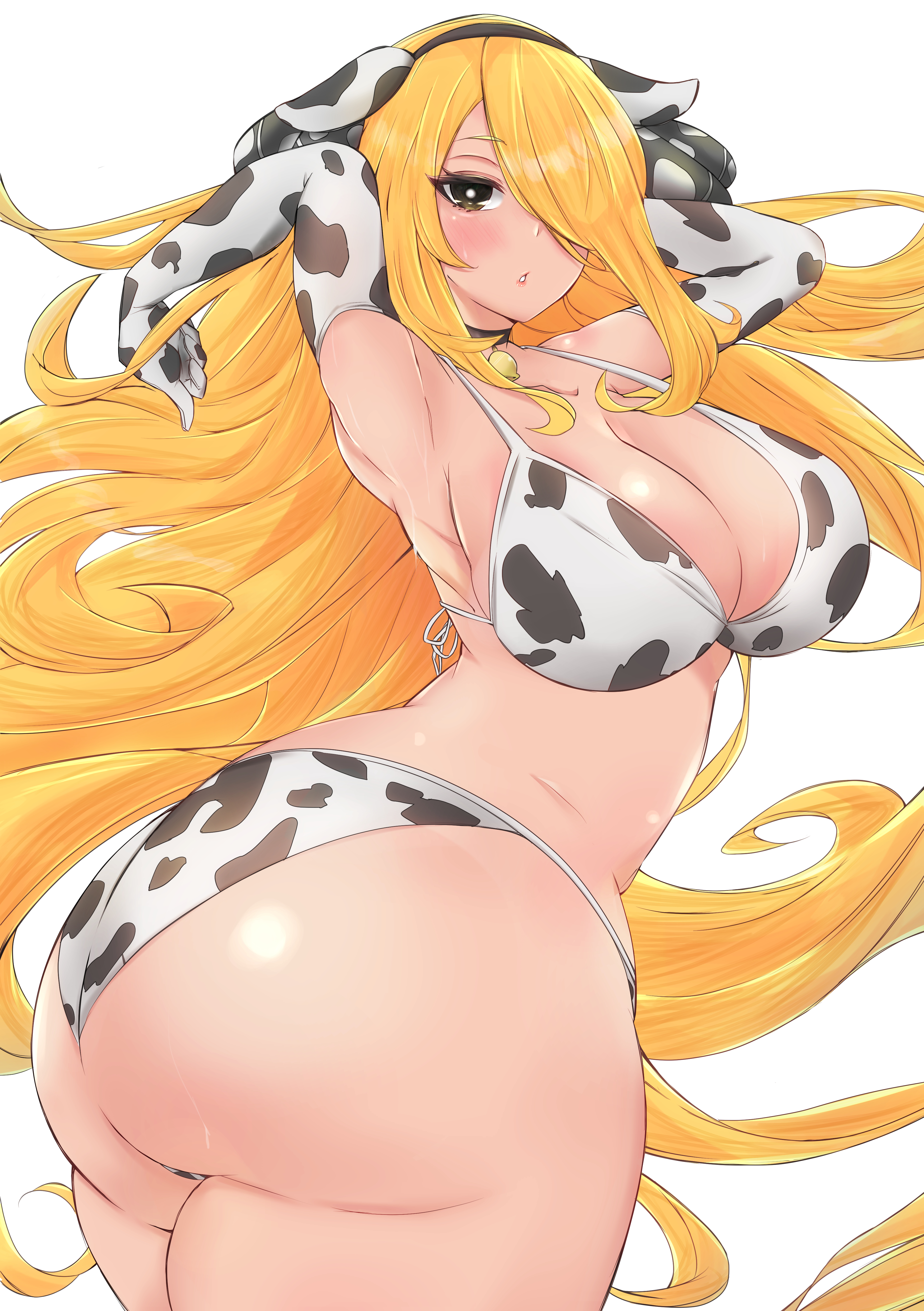 1girls, 2021, alternate breast size, ass, big ass, big breasts, blonde, blonde female, blonde hair, blush, breasts, cow bikini, cow girl, cow print, curvaceous, cynthia (pokemon), eye contact, female, gloves, high resolution, huge ass, huge breasts, kikikitama, large ass, long hair, looking at viewer, mature female, nintendo, pokemon, pokemon champion, pokemon dppt, simple background, thick ass, thick thighs, thighs, voluptuous, white background, wide hips, year of the ox