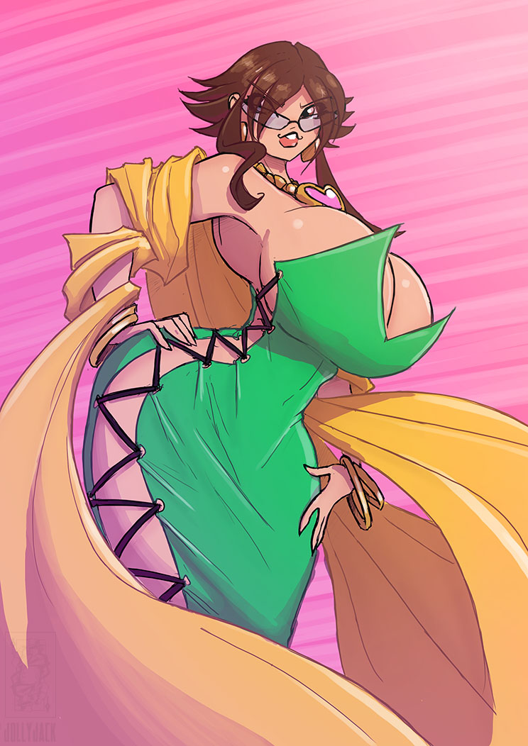 1girls big_breasts brown_hair cassandra_garcia dress fanart female giant_breasts glasses gold_bracelet gold_bracelets green_dress heart_necklace huge_breasts jagua_tales jolly_jack pink_background seductive_gaze short_hair solo tagme yellow_sash