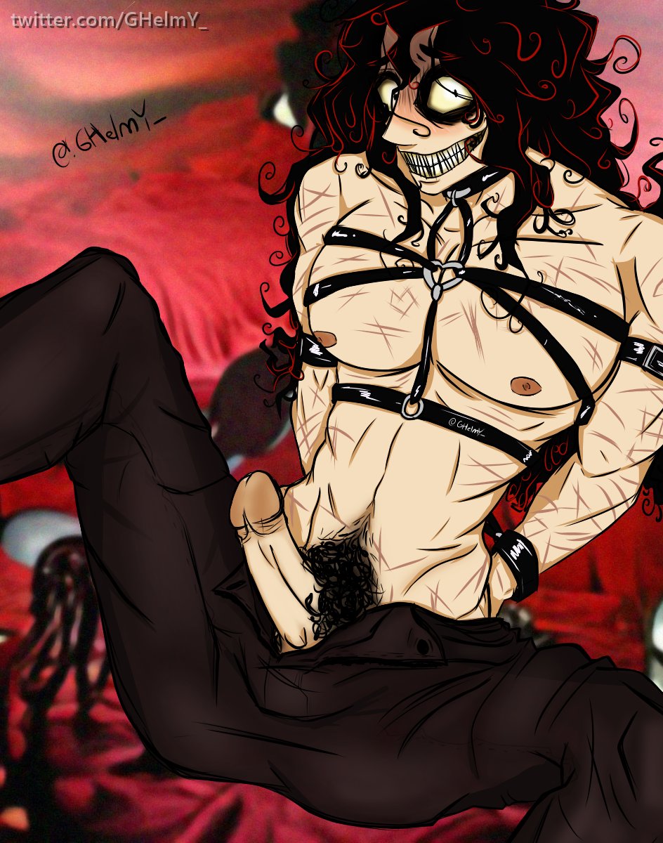 black_hair bondage bondage_harness cock cuts dick erection ghelmy john_doe_(character) john_doe_(game) john_doe_(john_doe) kink kinky long_hair male male_only man_tits muscular muscular_male purpleverse scars self_harm_scars skinny submissive submissive_male toony