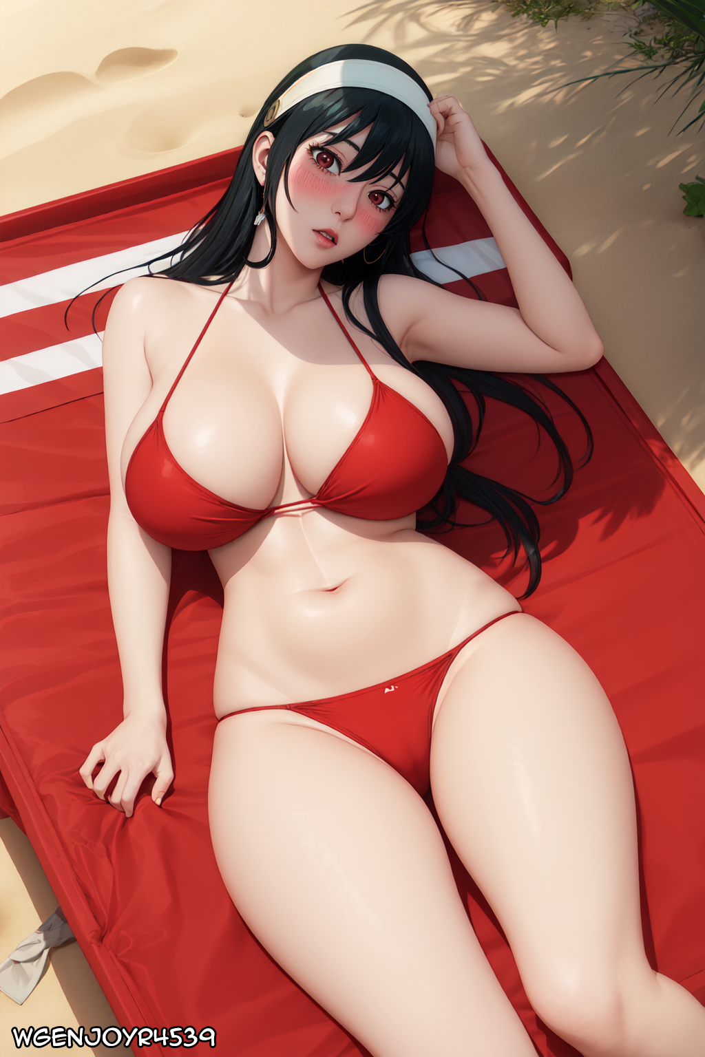 1girls ai_generated beach beach_towel big_breasts bikini black_hair blush embarassed female female_only hairband hand_in_hair human large_breasts long_hair lying lying_on_back lying_on_towel outdoors red_bikini red_eyes shounen_jump+ solo spy_x_family stable_diffusion thick_thighs wgenjoyr4539 white_hairband wide_hips yor_briar yor_forger