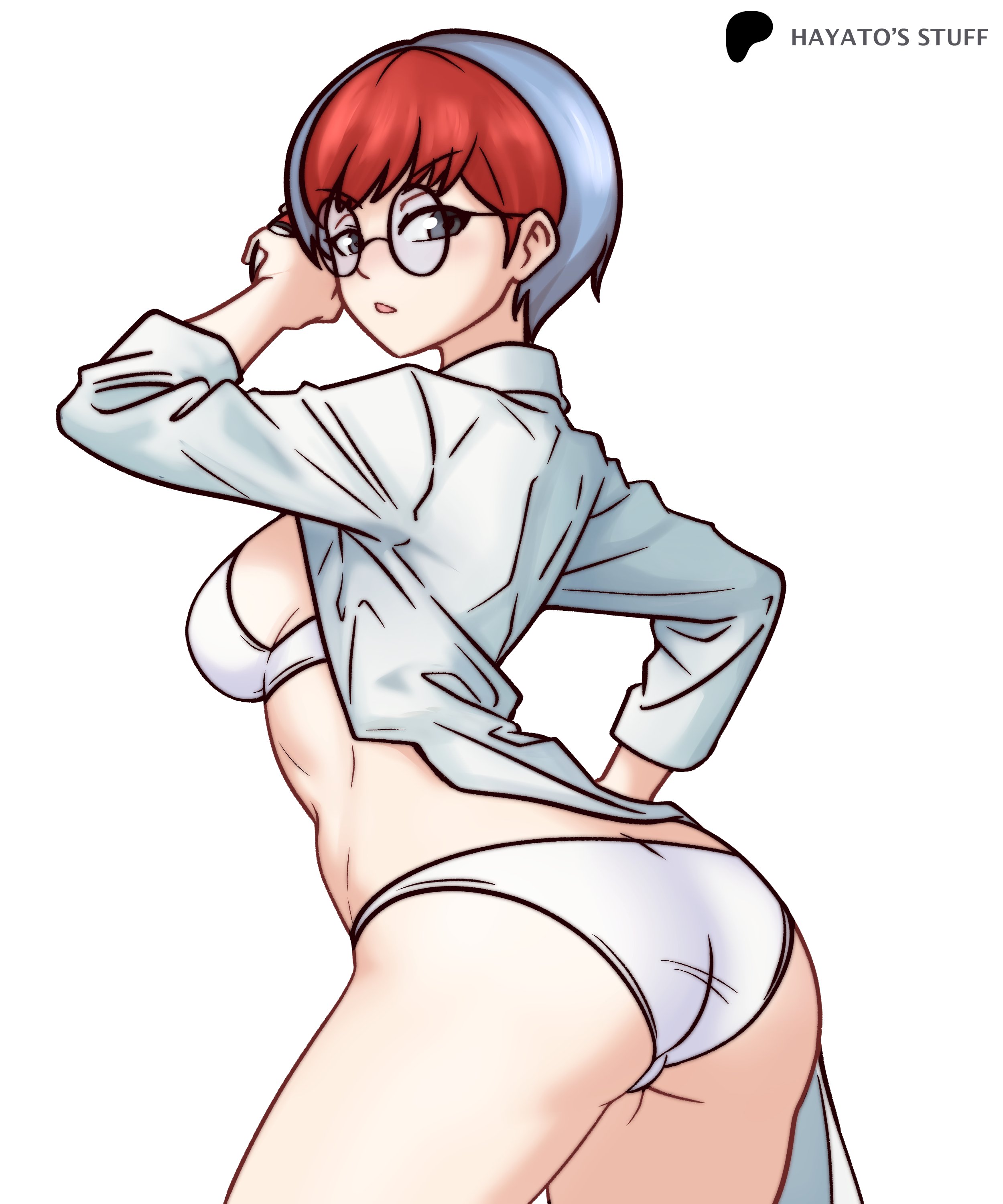 ass, bra, breasts, female, female only, glasses, hayato stuff, nintendo, panties, penny (pokemon), pokemon, pokemon sv, short hair, sideboob, solo, standing, tagme, white bra, white panties