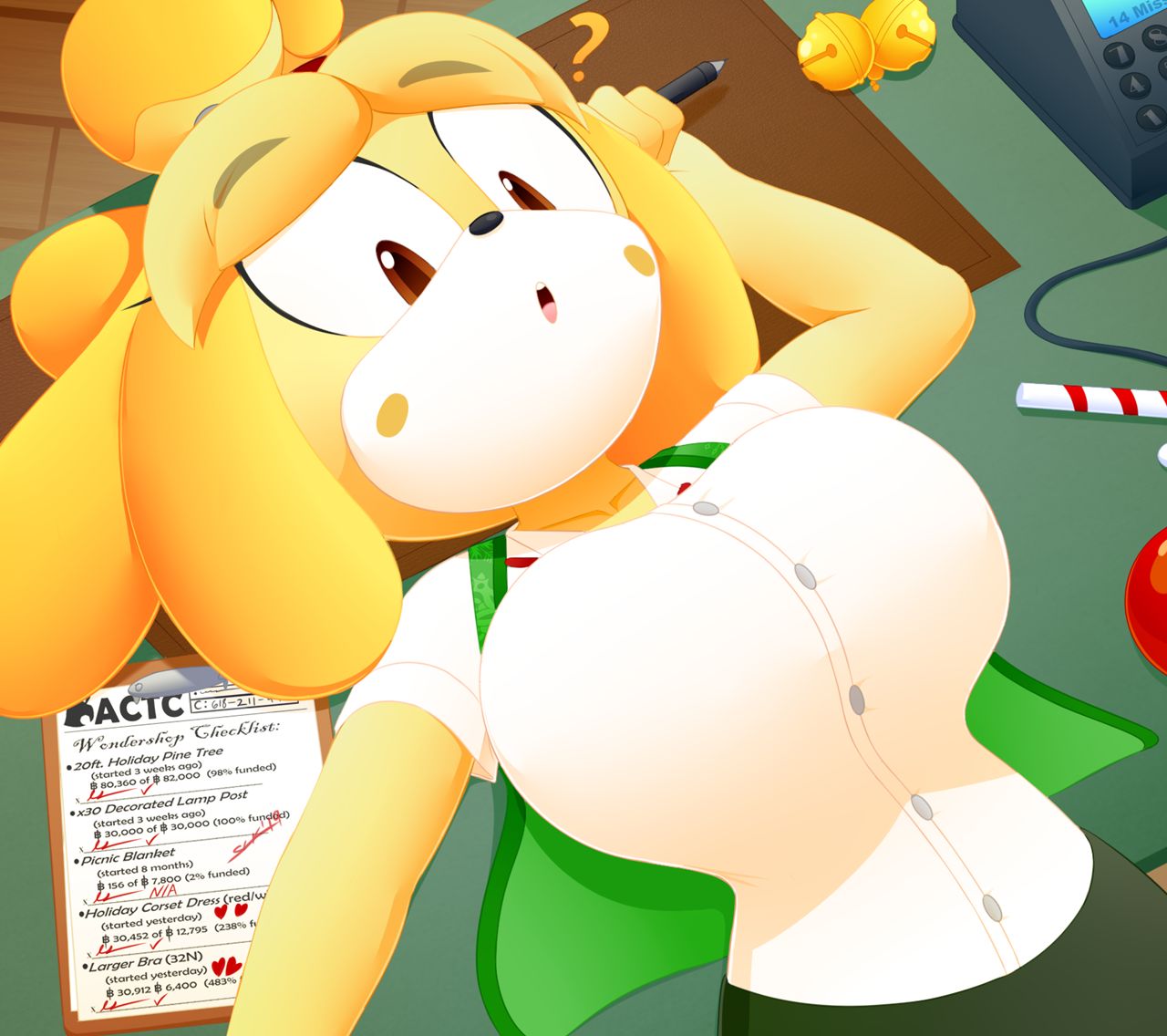 animal crossing, anthro, breasts, dog girl, female, furry, green vest, isabelle (animal crossing), large breasts, nintendo, shirt, slickehedge, solo, solo female, solo focus, vest, white shirt, yellow fur