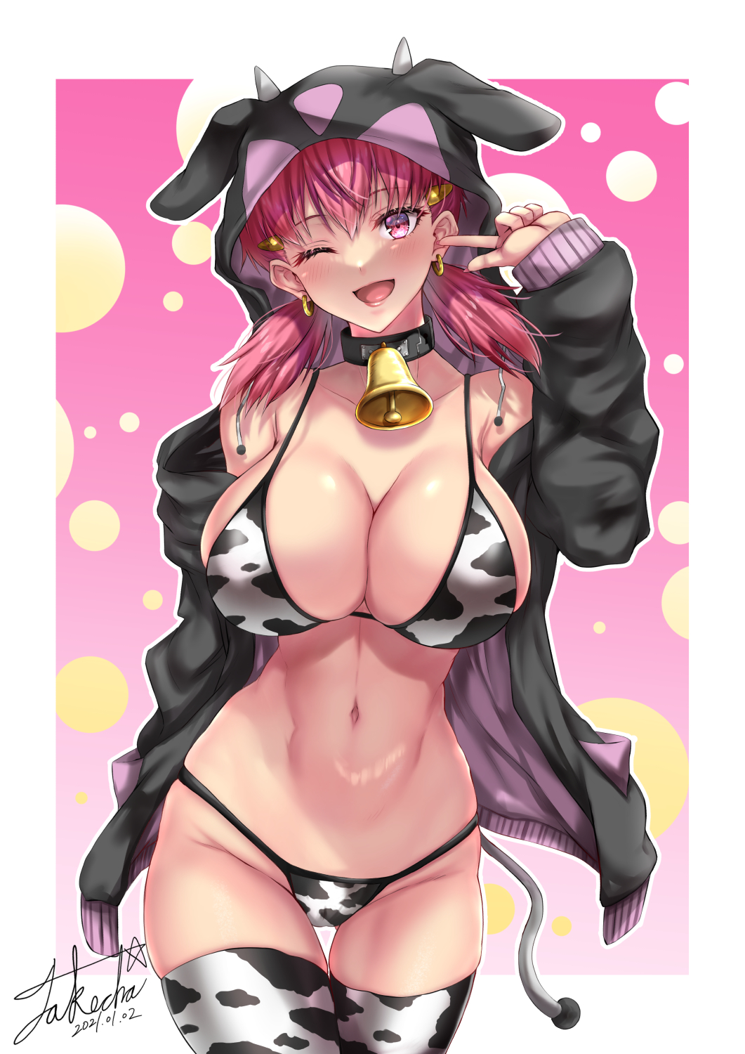 1girls 2021 alternate_breast_size bell bell_collar big_breasts bikini blush breasts collar cosplay cow_bikini cow_print cow_print_bikini cow_print_swimsuit cow_print_thighhighs cowbell curvy_figure earrings eye_contact fake_horns fake_tail female hood_up hoodie horns huge_breasts large_breasts looking_at_viewer midriff miltank miltank_(cosplay) navel nintendo one_eye_closed open_hoodie pink_eyes pink_hair pokemon pokemon_(cosplay) pokemon_gsc pokemon_hgss solo standing swimsuit tail takecha thick_thighs thighhighs thighs twintails whitney_(pokemon) winking winking_at_viewer year_of_the_ox