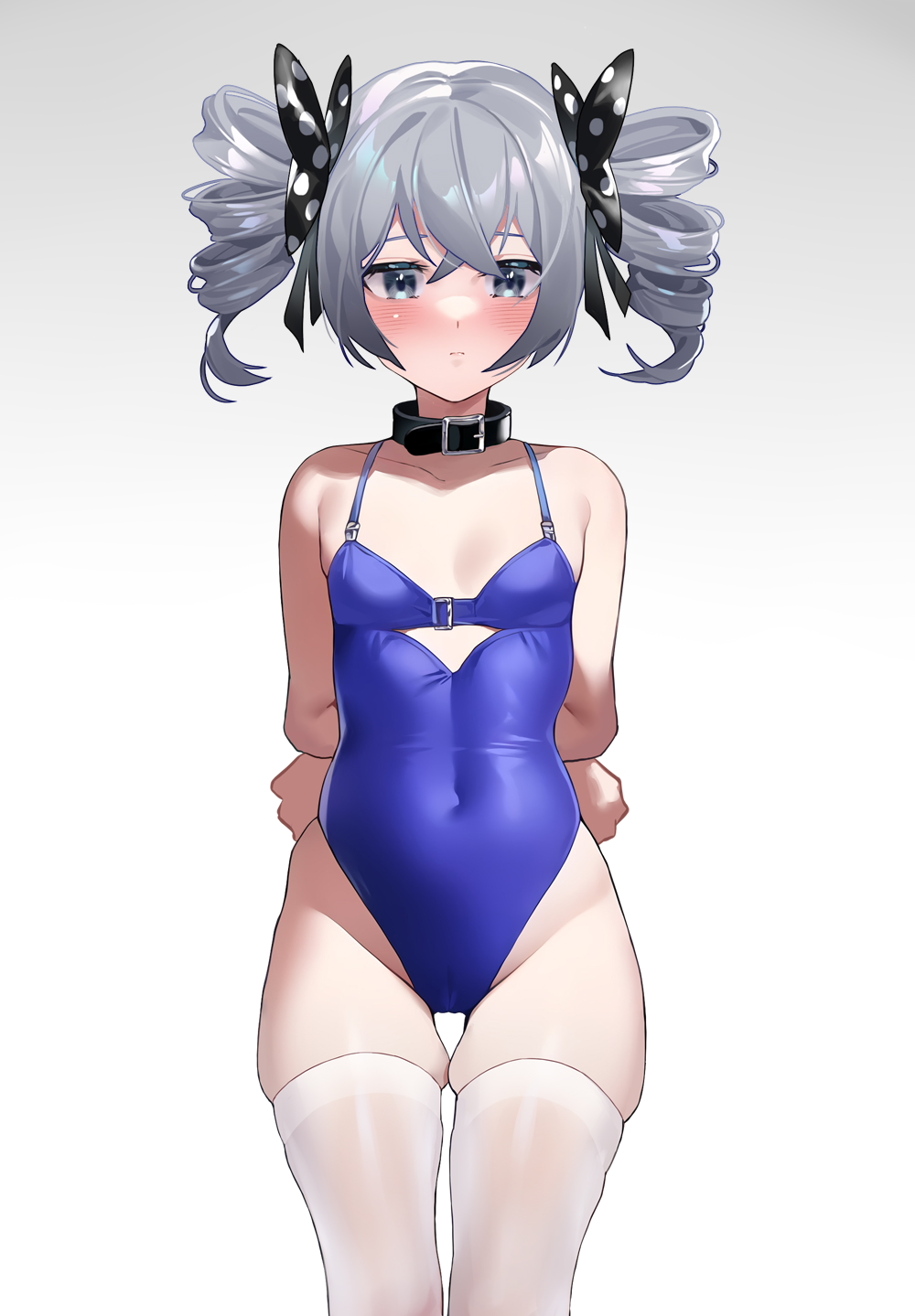 1girls arms_behind_back blue_one-piece_swimsuit blue_swimsuit breasts bronya_zaychik collar competition_swimsuit ginklaga grey_eyes grey_hair hairbow honkai_(series) honkai_impact_3rd looking_at_viewer one_piece_swimsuit small_breasts socks swimsuit thigh_socks thighhighs twin_drills white_socks