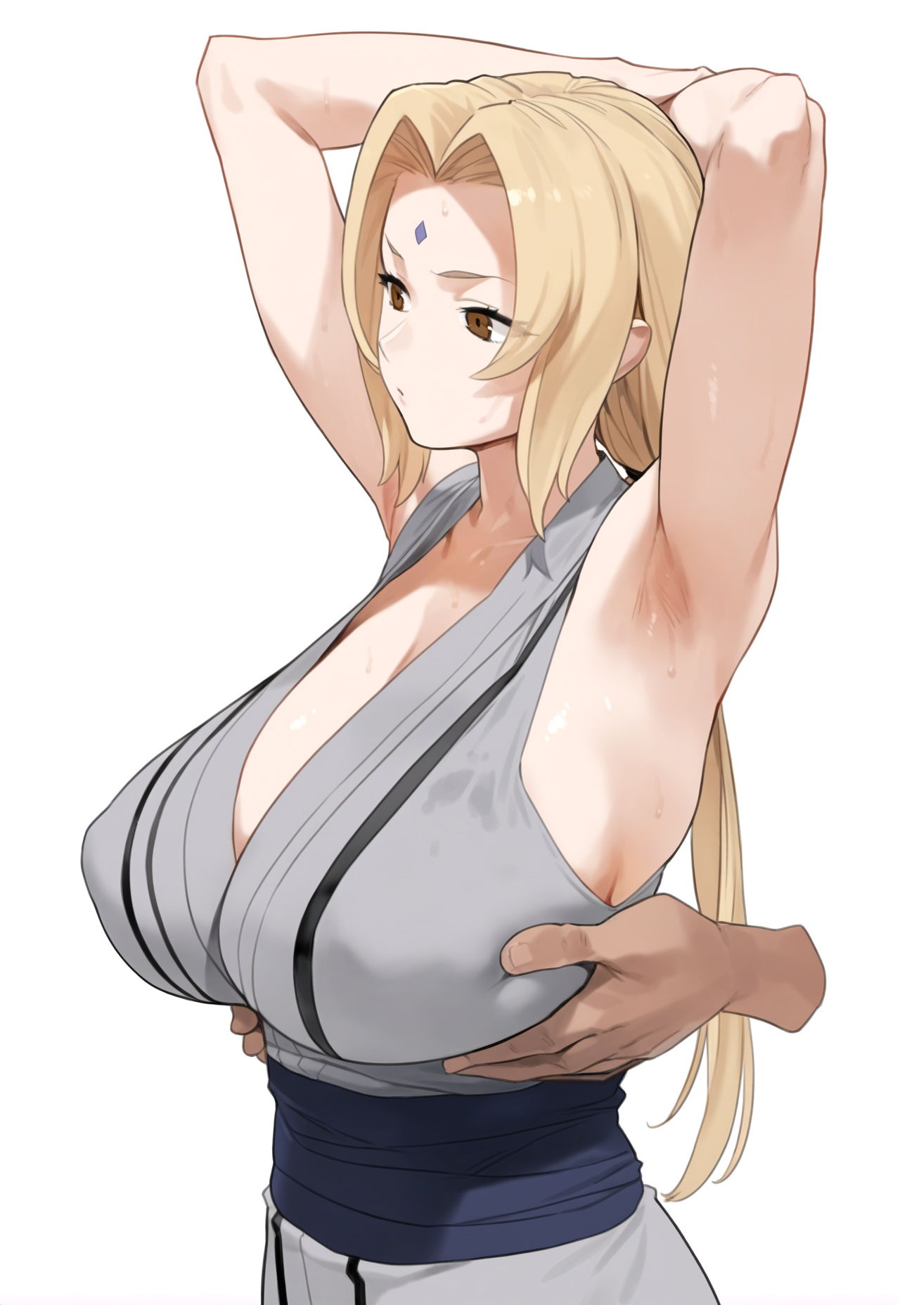armpit, blonde hair, breasts, brown eyes, facial mark, female, forehead mark, huge breasts, japanese clothes, kimono, low twintails, mature female, naruto, naruto (series), sleeveless, sleeveless shirt, tsunade