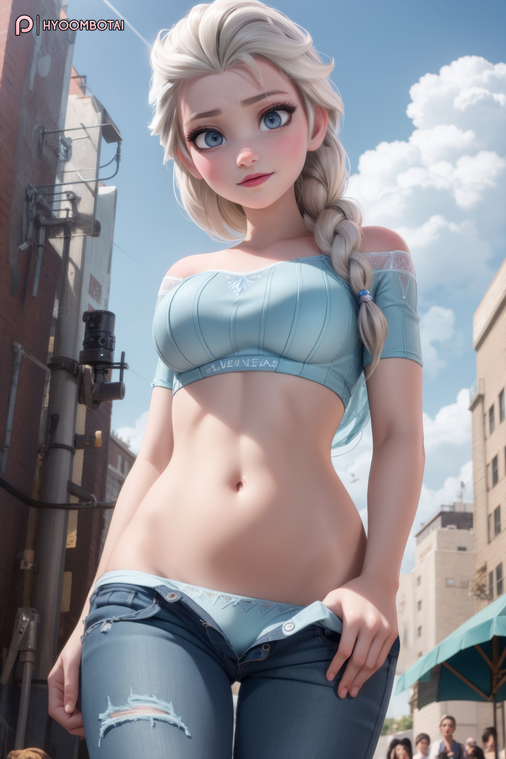 1girls, ai generated, blonde hair, blue eyes, bra, breasts, clothing, disney, disney princess, elsa (frozen), female, female only, from below, frozen (film), highres, hyoombotai, looking at viewer, navel, outdoors, panties, patreon username, self upload, small breasts, stable diffusion, standing, stomach