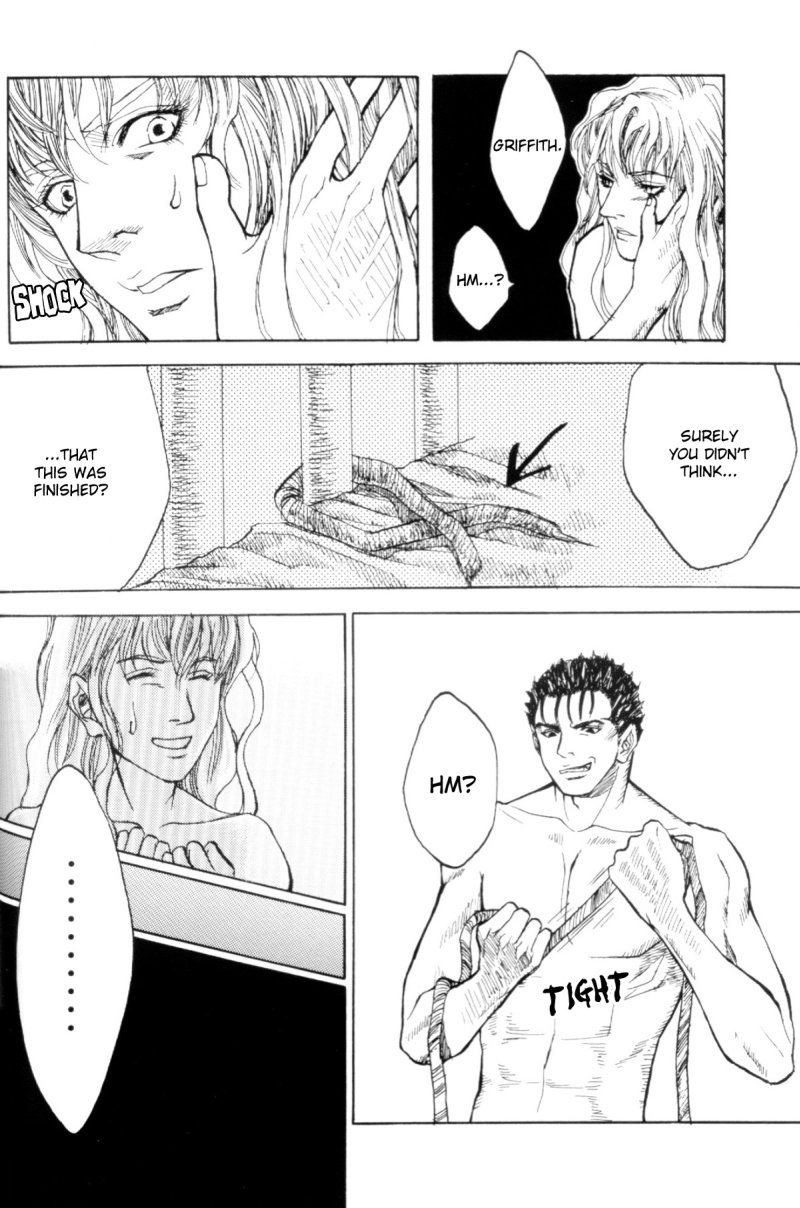 2boys after_sez bed berserk black_hair comic dialogue doujin english_text gay gay_sex griffith guts_(berserk) long_hair male muscular muscular_male nude short_hair text white_hair yaoi