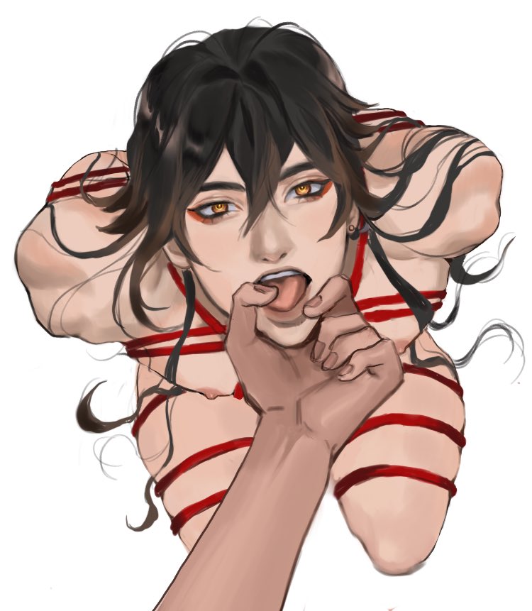 bondage, genshin impact, hand in mouth, holding chin, kneeling, male, male only, nipples, restrained, shibara , tied up, white background, yaoi, zhongli (genshin impact)