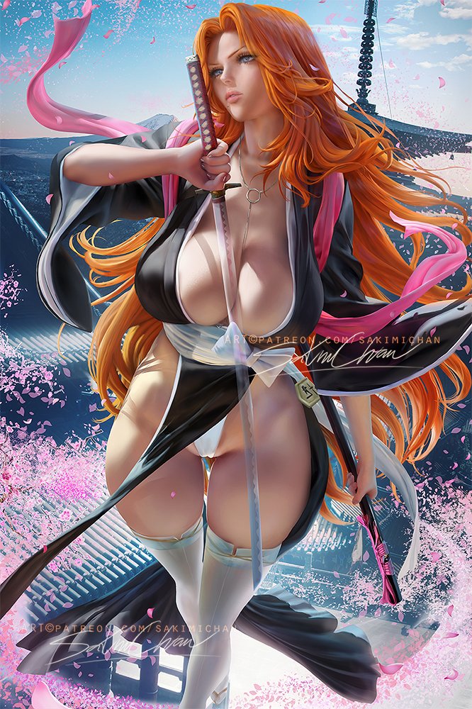 1girls, big breasts, bleach, breasts, cleavage, female, female only, large breasts, looking to the side, matsumoto rangiku, pinup, sakimichan, solo, thick thighs, thighhighs, thong, wide hips
