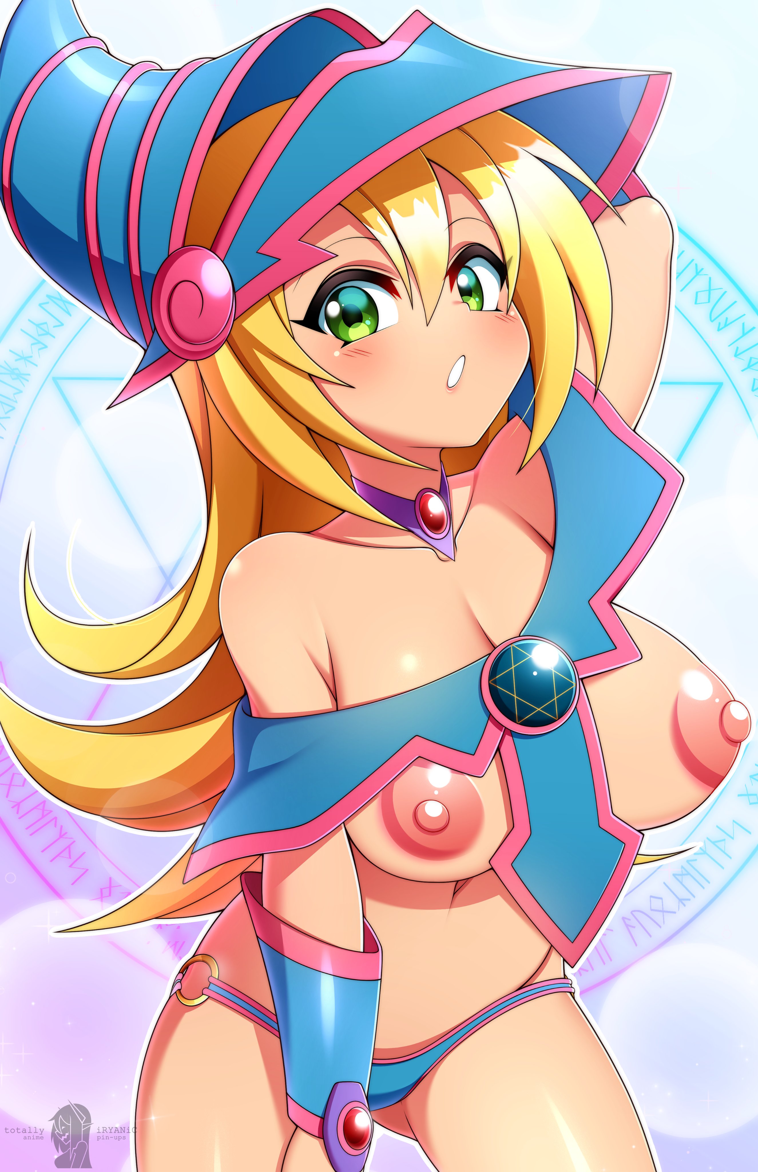 1girls, armwear, big breasts, blonde hair, blush, breasts, collar, dark magician girl, female, female only, green eyes, iryanic, long hair, looking at viewer, panties, solo, yu-gi-oh!