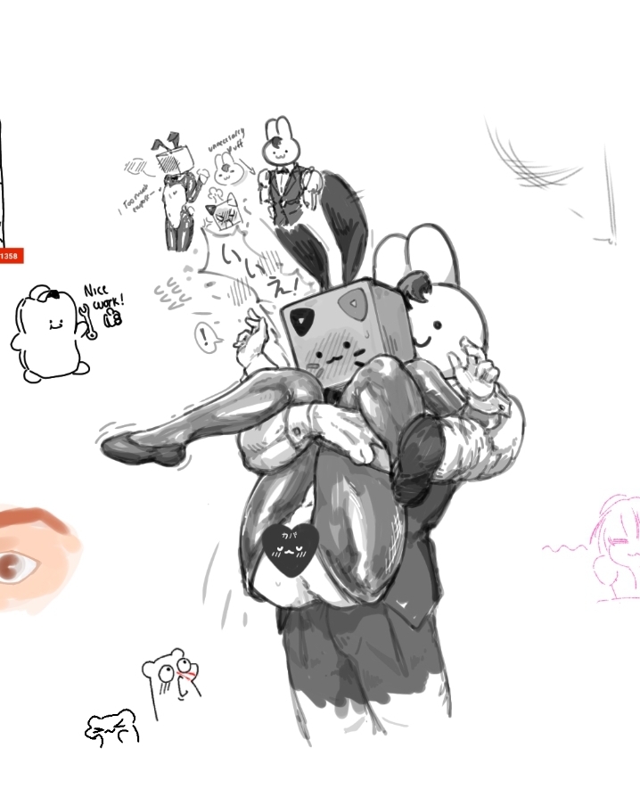 1boy 1girls blush box_head box_on_head bunny bunny_ears bunnysuit censored cuptoast cuptoastslut doodle erection exposed_breasts female holding_legs jean lifting_person monochrome pussy reverse_bunnysuit reverse_stand_and_carry_position reverse_suspended_congress screenshot sketch suit_vest thighhighs young youtube