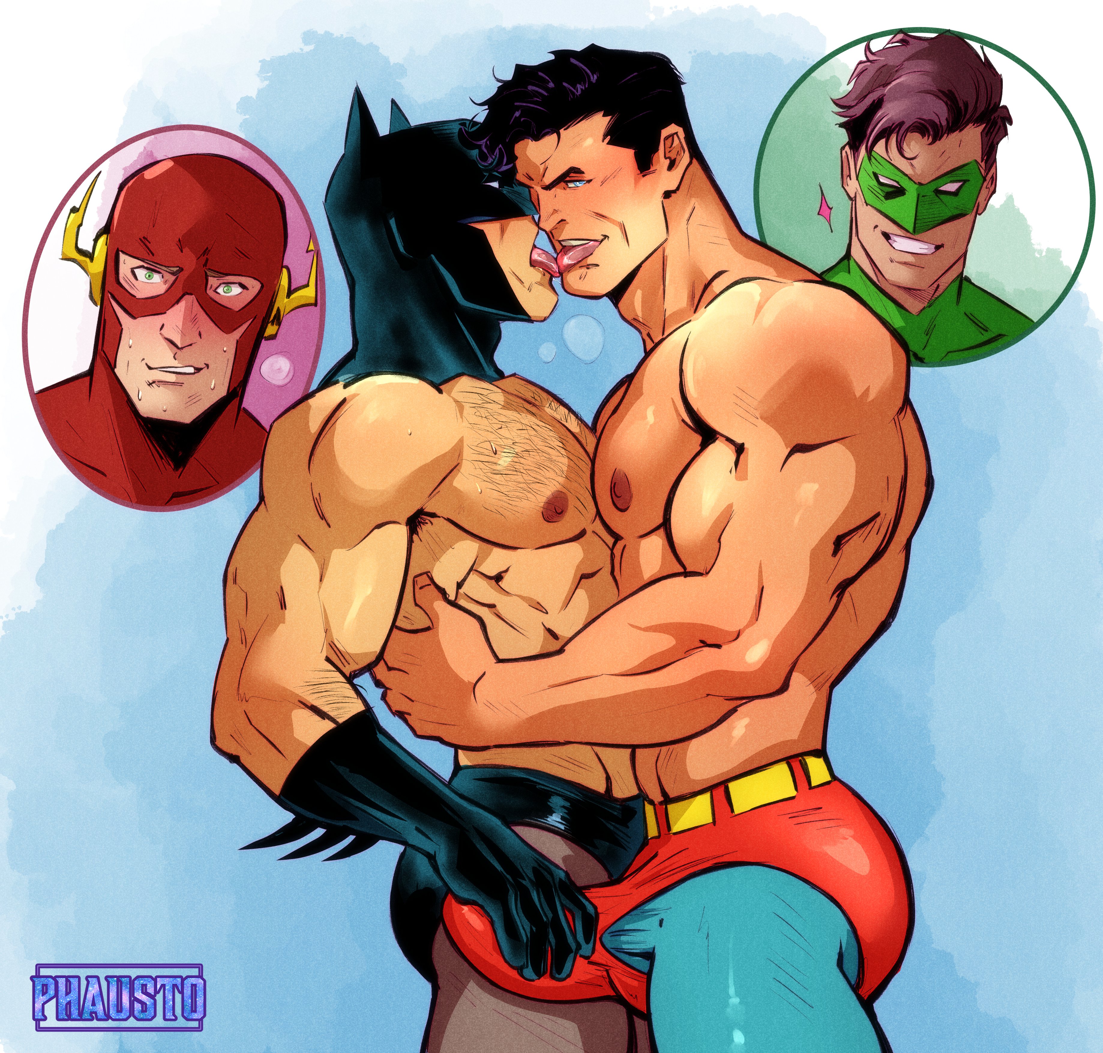 4boys, abs, bara, barry allen, batman, batman (bruce wayne), batman (series), being watched, big muscles, black briefs, black gloves, black hair, black underwear, blue background, blue eyes, blush, blushing, brown hair, bruce wayne, caught, chest hair, clark kent, dc, dc comics, erection, erection pushing briefs, erection pushing underwear, erection under clothes, french kiss, gay, gloves, grabbing erection, grabbing penis, green eyes, green lantern, green lantern (series), hairy, hairy chest, hairy male, hal jordan, hand on another's penis, hand on penis, hugging, human, kal-el, kissing, male, male only, mask, masked, masked male, muscles, muscular, muscular male, nipples, pecs, pecs against each other, pecs touching, pectorals, penis, phausto, red briefs, red underwear, smile, smiling, superman, superman (clark kent), superman (series), teeth, teeth showing, the flash, tongue, tongue kiss, topless, underwear, yaoi