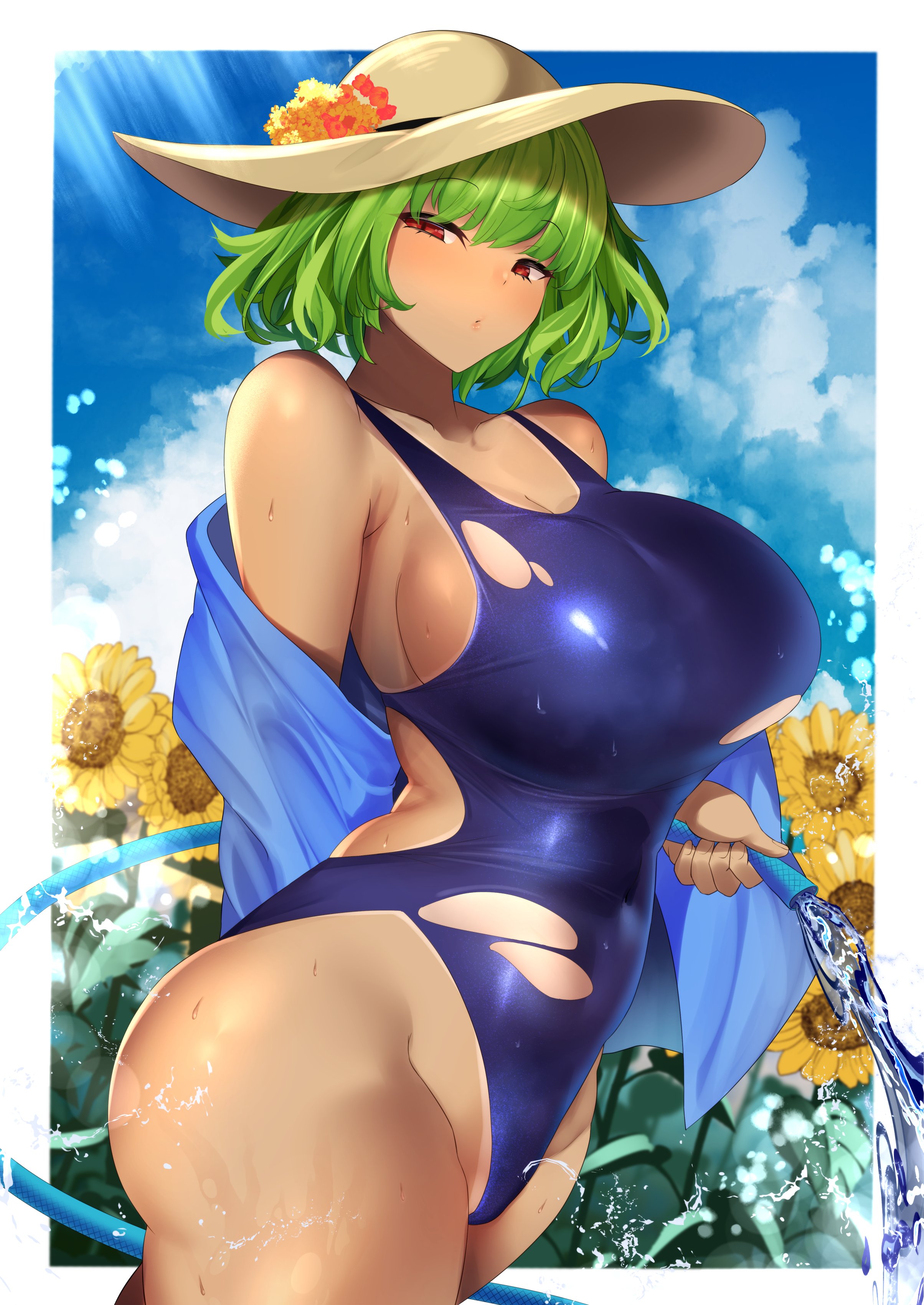 absurdres, ass, breasts, cloud, dark skin, dark-skinned female, female, flower, green hair, hat, highres, hose, huge breasts, kazami yuuka, open clothes, open shirt, red eyes, shiny swimsuit, sinkai, sky, solo, summer, sun hat, sunflower, sunlight, sweat, swimsuit, tagme, thighs, torn clothes, torn swimsuit, touhou, water, wet, yuka kazami