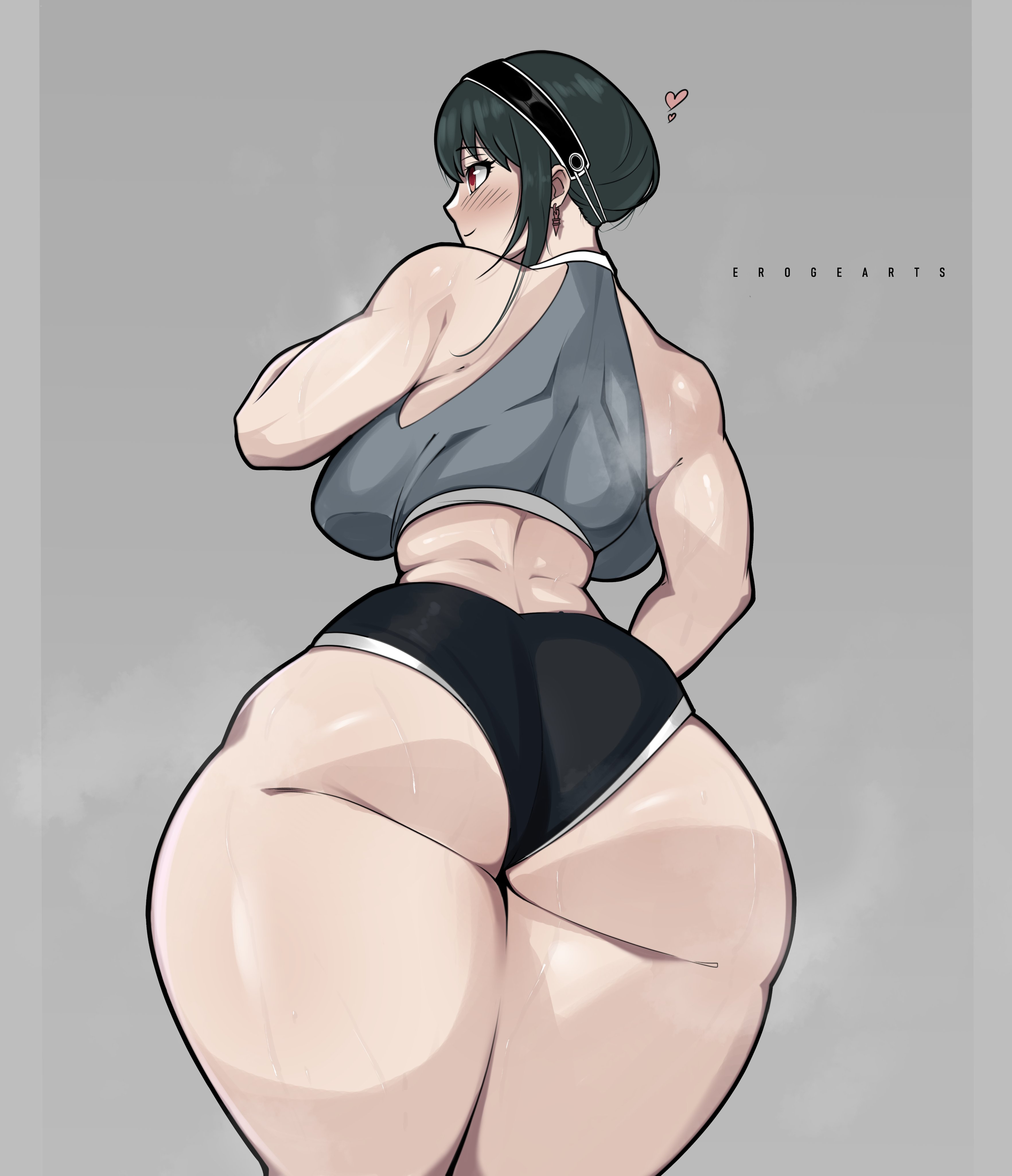 1girls, ass, big ass, big breasts, big butt, black hair, bodily fluids, breasts, different ass sizes, earrings, erogearts, fat ass, female, female only, headband, large ass, large breasts, milf, red eyes, solo, solo female, solo focus, sports bra, spy x family, sweat, sweatdrop, sweaty ass, sweaty butt, thick ass, thick thighs, thighs, workout clothes, yor briar