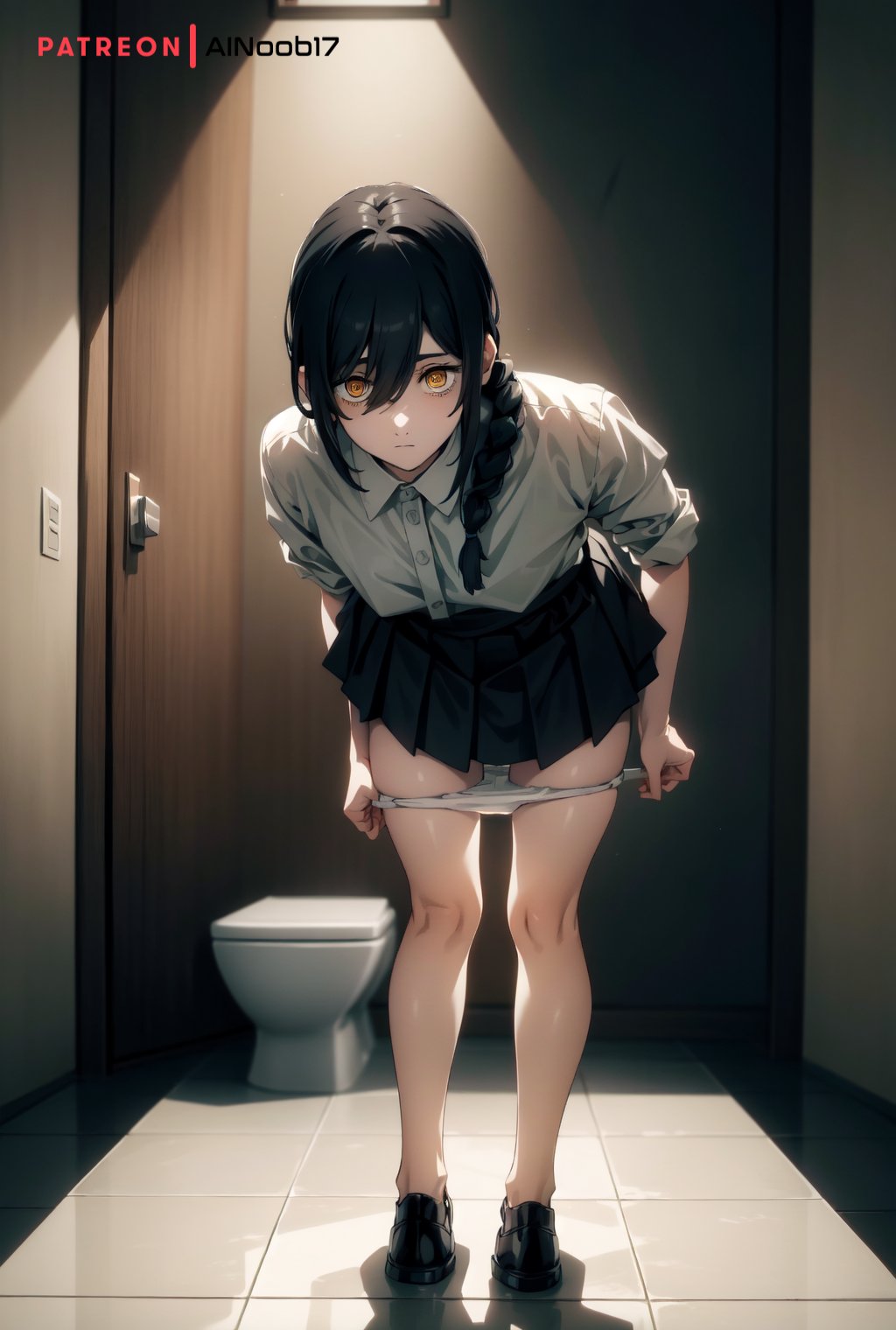 ai generated, ainoob17, bathroom, black hair, chainsaw man, female, looking at viewer, nayuta (chainsaw man), panties, panty pull, solo, stable diffusion, tagme, undressing