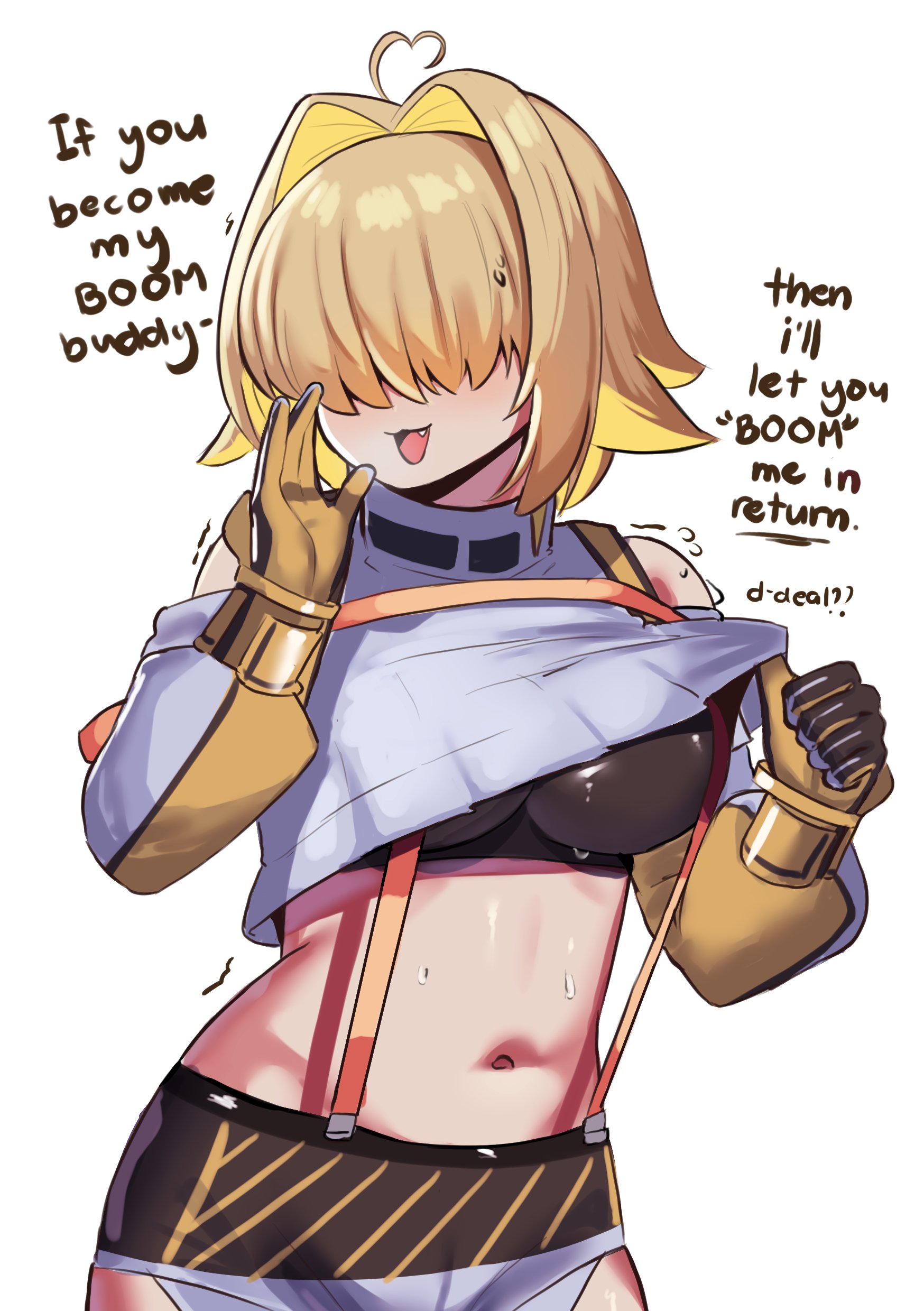 1girls, ahoge, belly, belly button, blonde hair, breasts, cute fang, elegg (nikke), female, fully clothed, gloves, goddess of victory: nikke, hair over eyes, large breasts, midriff, navel, open mouth, shirt lift, suspenders, sweat, tight clothing, underboob, white background