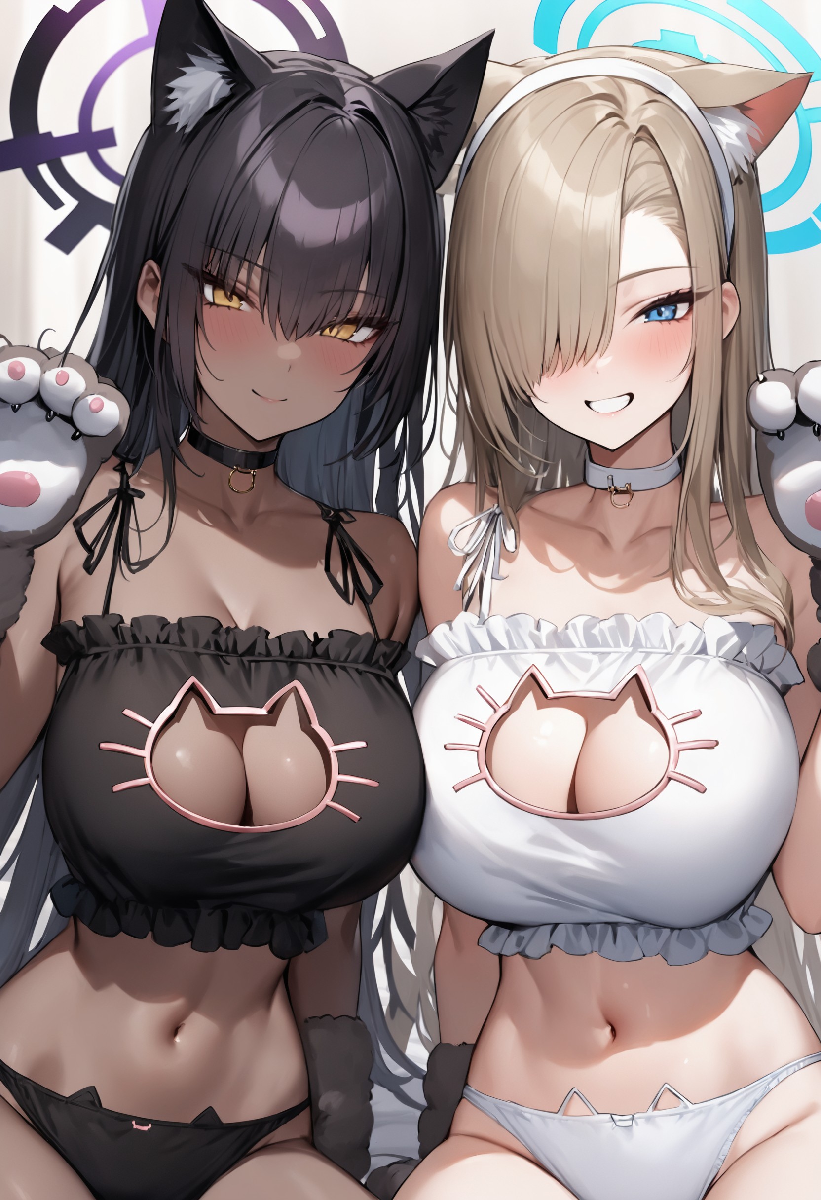 2024, 2girls, ai generated, asuna (blue archive), black hair, blonde hair, blue archive, blue eyes, bra, breasts, cat ears, cat girl, cat keyhole bra, catgirl, chocolate and vanilla, cleaning & clearing (blue archive), cleavage, dark skin, dark-skinned female, female, hi res, huge breasts, karin (blue archive), light skin, light-skinned female, long hair, millennium science school student, panties, stable diffusion, thick thighs, wide hips, yellow eyes