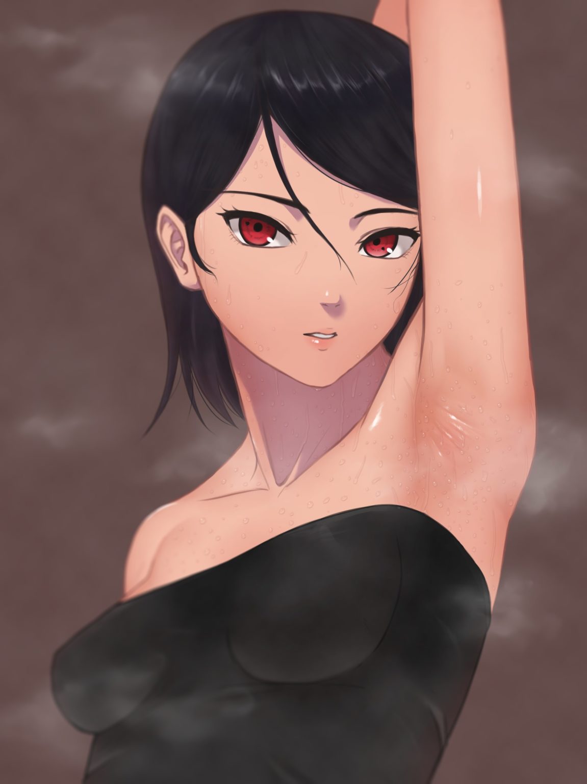 1girls armpits arms_up black_hair boruto:_naruto_next_generations looking_at_viewer miru_(wvjc7832) naruto naruto_(series) nipples_visible_through_clothing red_eyes sarada_uchiha sharingan solo_focus younger_female